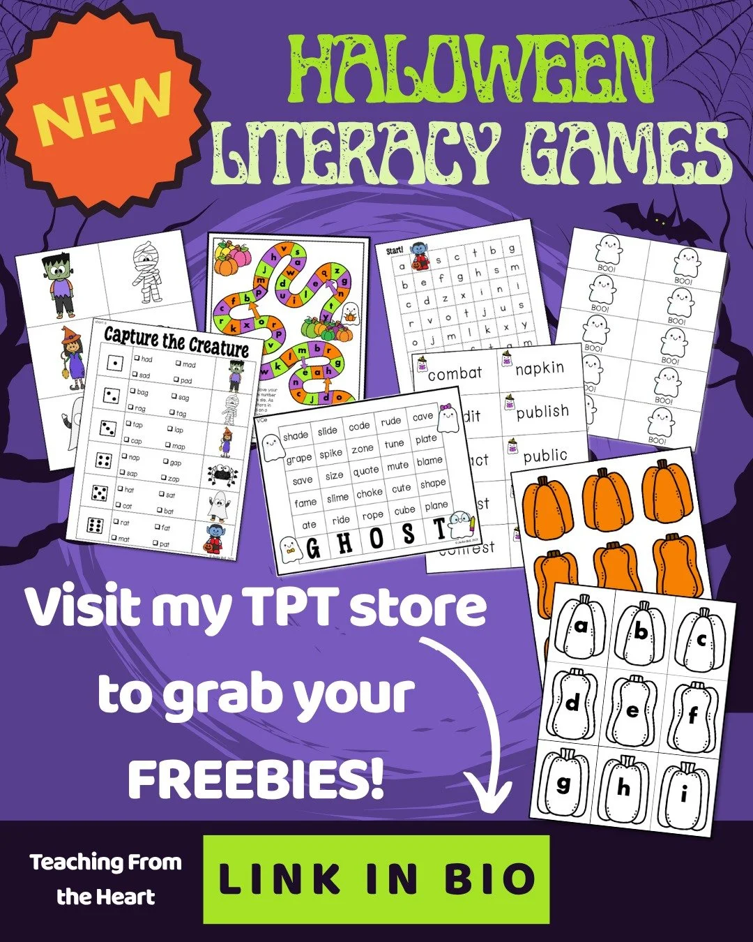 👻 I've been busy creating some SPOOK-tacular literacy games and activities for Halloween! 

🧡Alphabet Skills
🖤Decoding Single Syllable Words
🧡Decoding Multisyllabic Words

👻 Pop on over to my TPT store to grab a freebie or two and see what other
