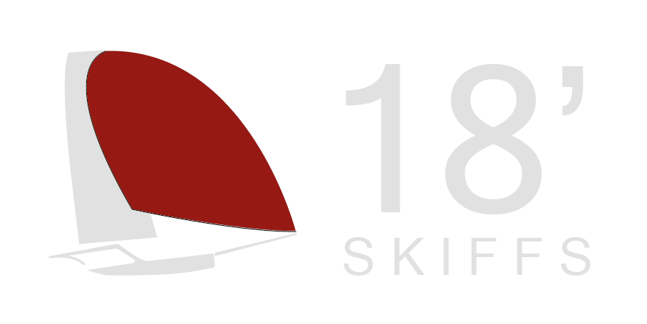 A logo featuring a stylized boat with a red sail on a black background, with the text "18'S SKIFFS" next to it.
