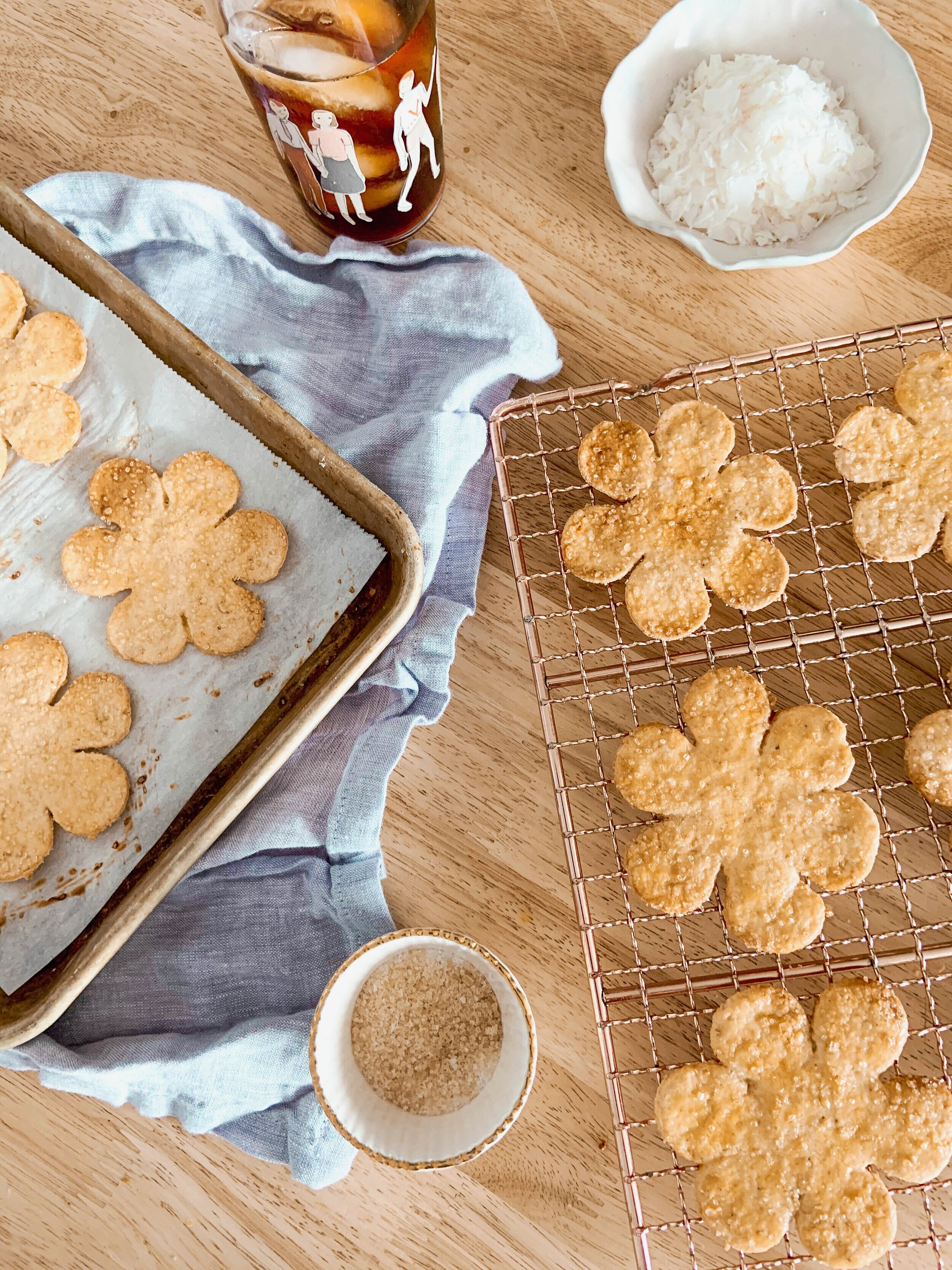 An overhead shot of homemade Korean gosomi crackers in a flower shape. 