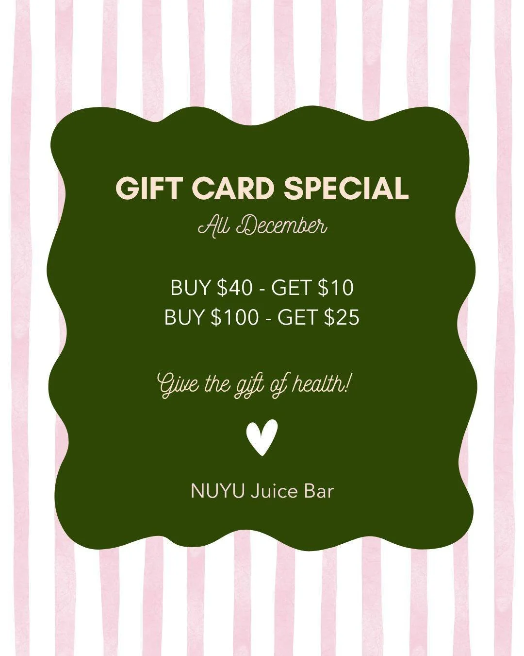 Because nothing says &ldquo;I care about you&rdquo; like delicious, feel-good fuel 💚 Gift cards available now! 💝 In-Store only. 

#givethegiftofhealth #holidayseason #giftcards #nuyujuicebar #whatsinyourcup #eatmoreplants #christmas