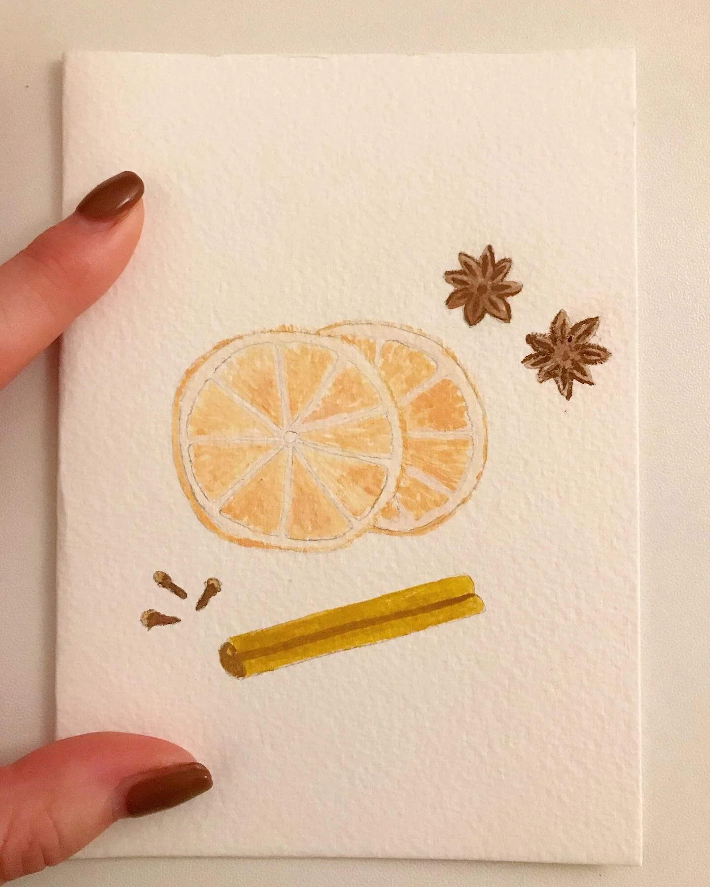 Merry mulling 🍊
&bull;
&bull;
&bull;
&bull;
&bull;
&bull;
#christmas #christmascard #xmas #xmascard #crafts #plants #watercolours #watercolors #watercolour #watercolor #mulledwine #mulling #cinnamon #orange #cloves #staranise #wishcard #card #diy #i