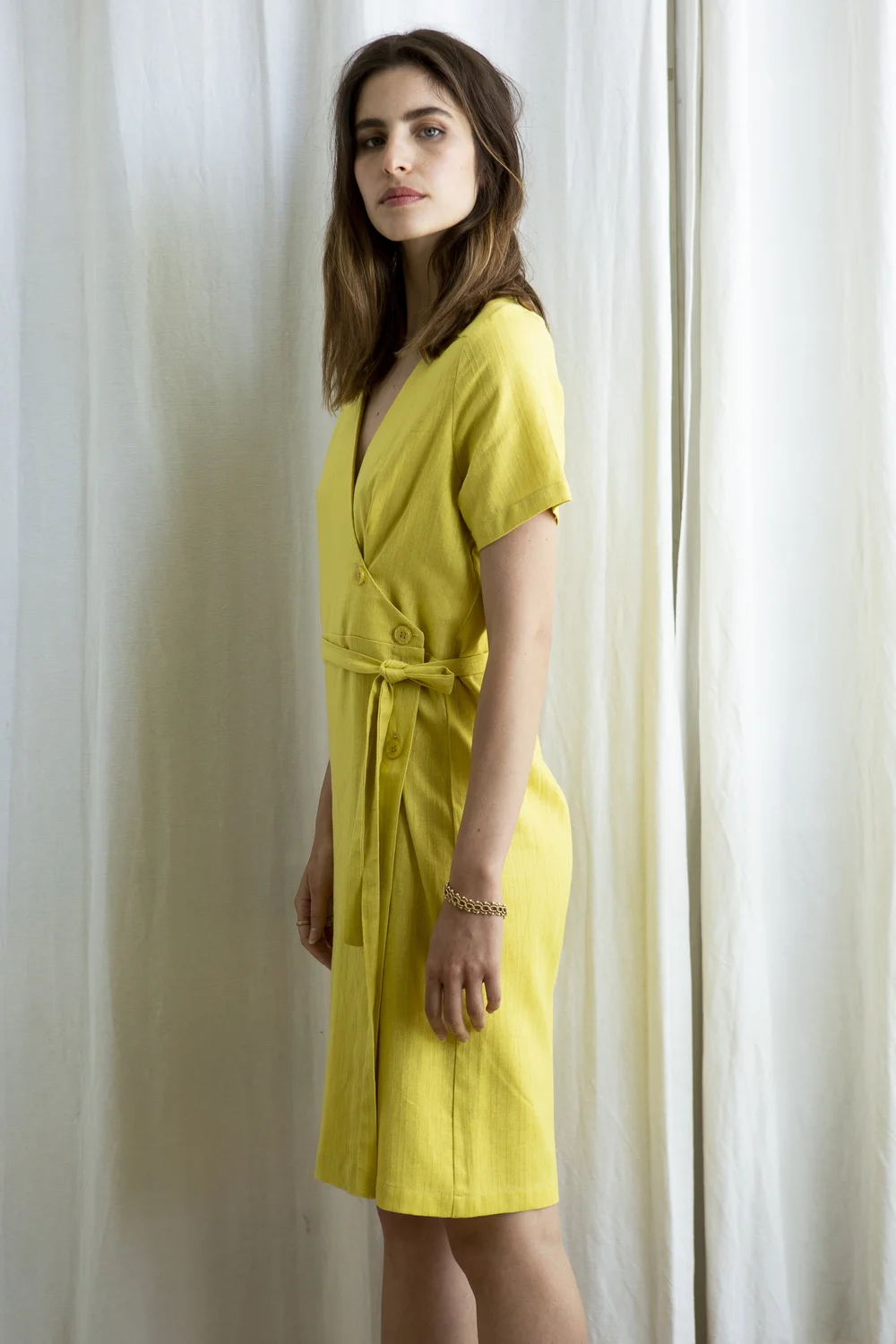 Apple Green Linen Wrap-Styled Midi Dress Apple Green Linen Wrap-Styled Midi Dress