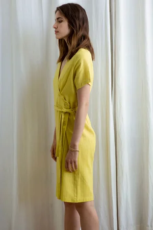 chinese dress ladies Yellow Linen Peplum Midi Dress – self-portrait-US