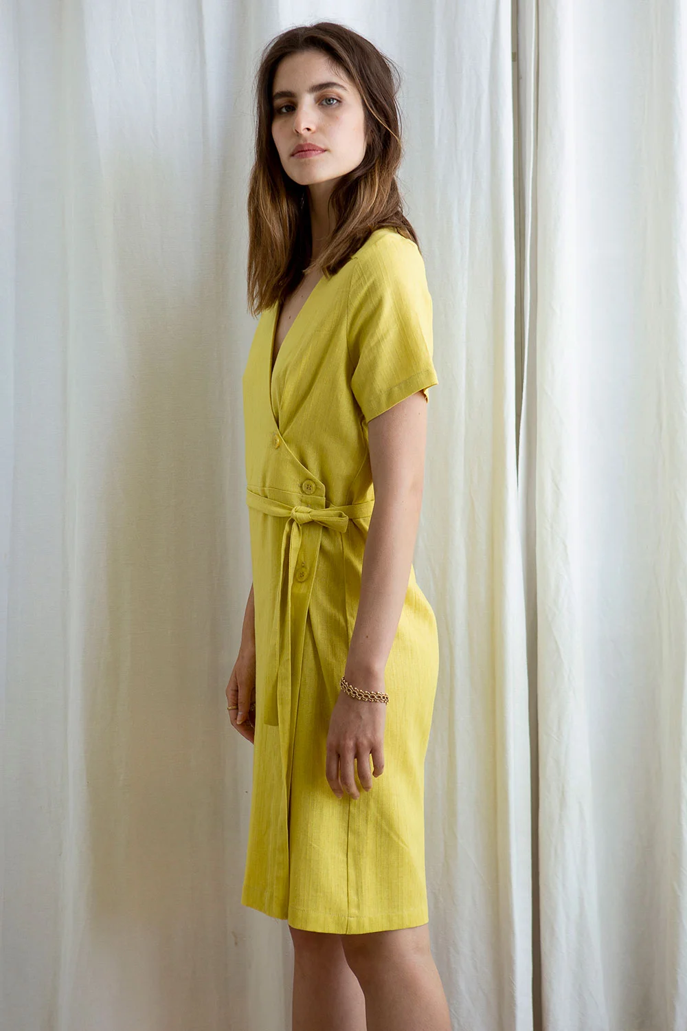 chinese dress ladies Yellow Zita Collar Long Linen Wrap Dress
