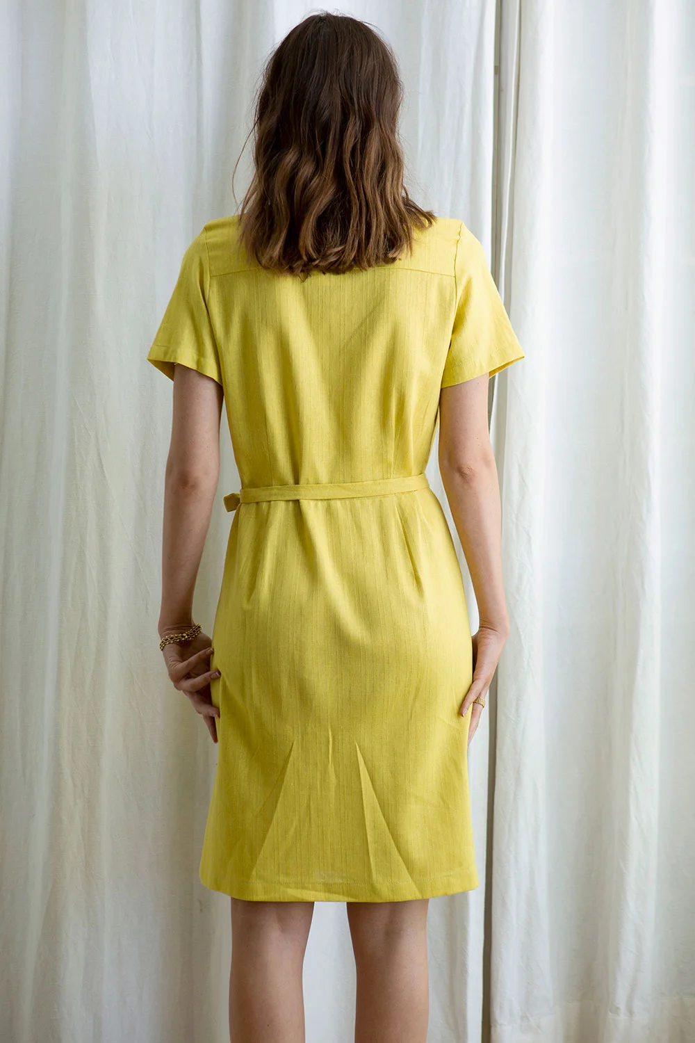 Yellow Linen Wrap-Styled Midi Dress