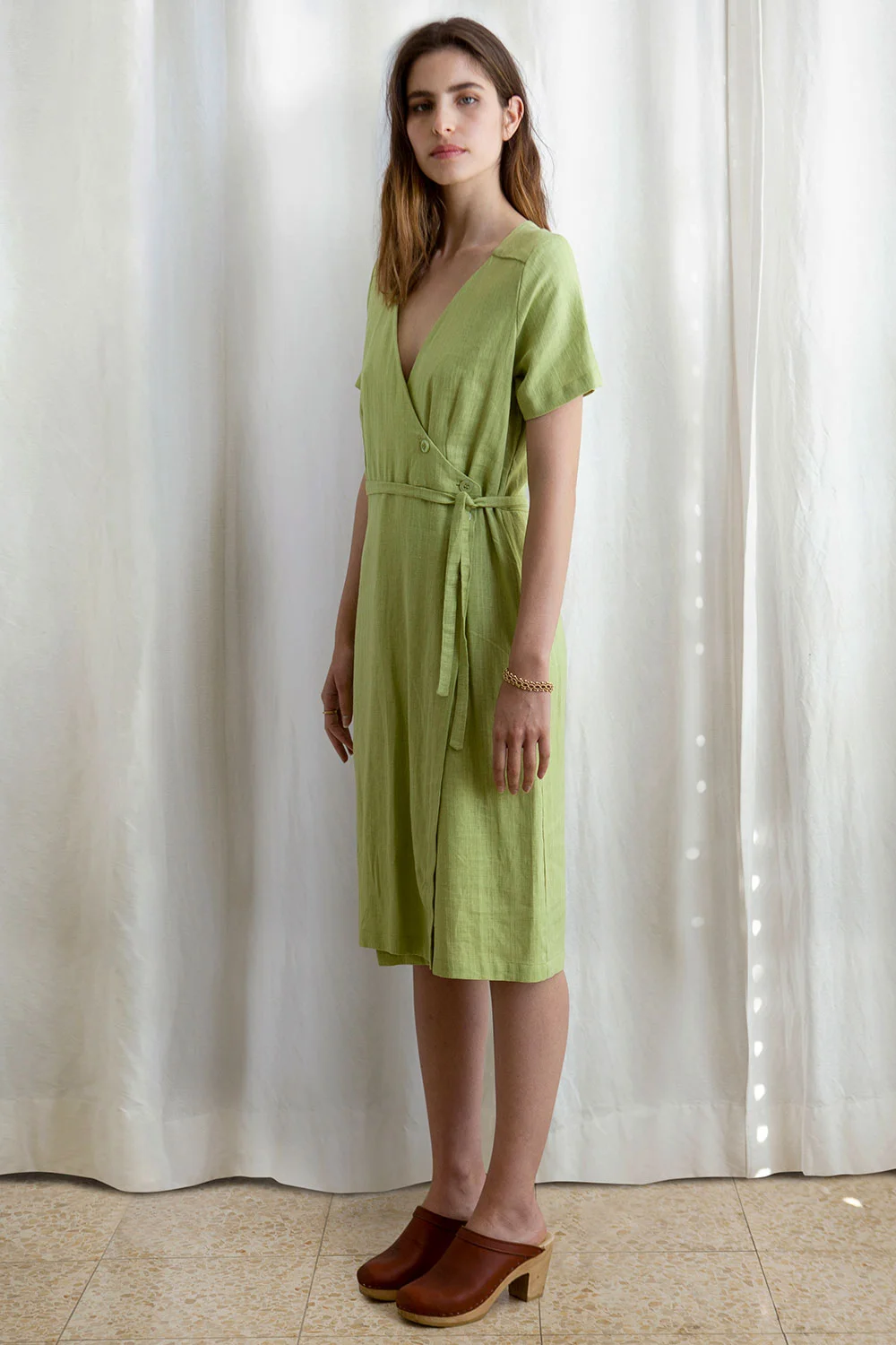 Apple Green Linen Wrap-Styled Midi Dress