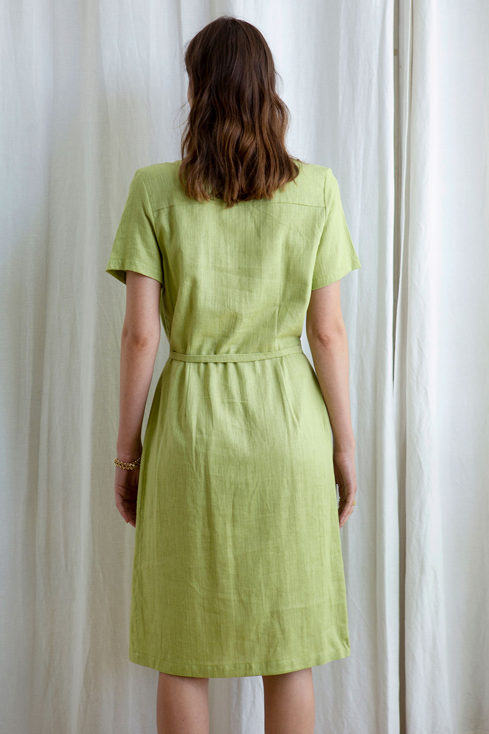 Apple Green Linen Wrap-Styled Midi Dress Apple Green Linen Wrap-Styled Midi Dress