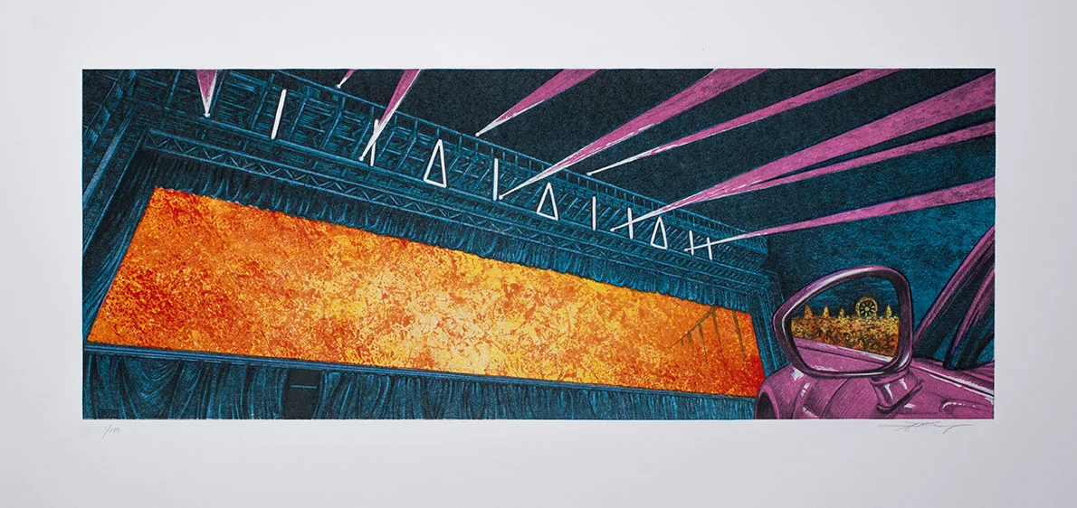 Late Night Drive In Photopolymer letterpress, reduction print, monotype embellishment Edition of 100 Arches 88 paper stock