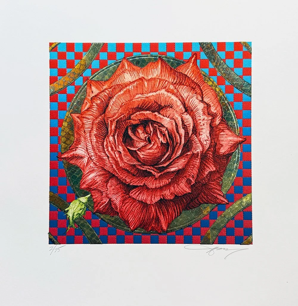I humbly present the next installment of my flower series titled &ldquo;Infrared Roses&rdquo; Three versions, Red and Blue are editions of 75, Yellow is an edition of 15. Each is a multicolor letterpress with variegated metal leaf, 9.5&rdquo;x9.5&rdq
