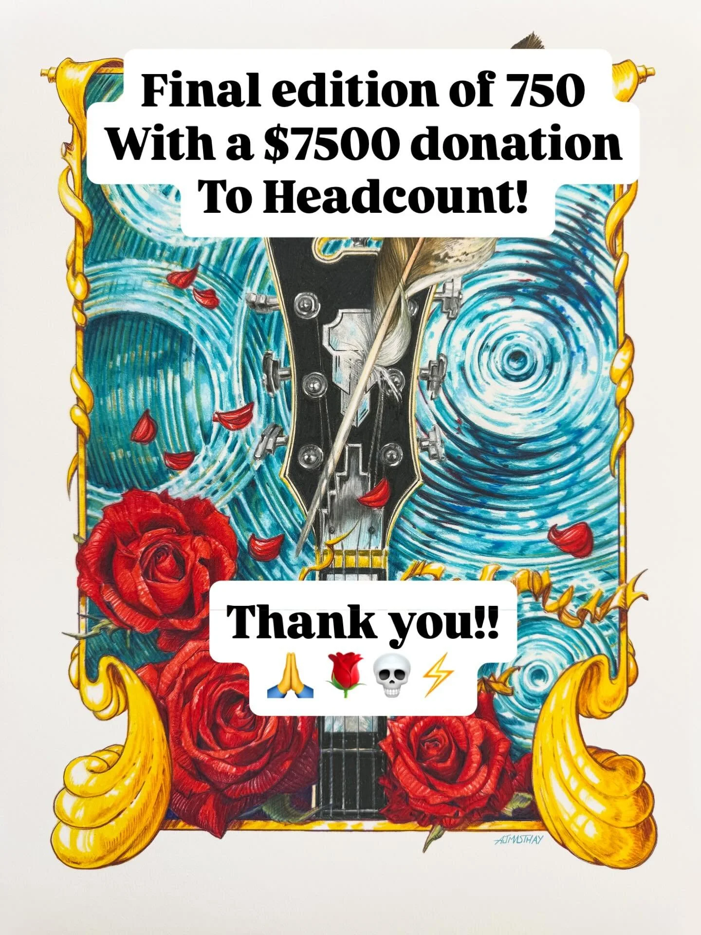 Thank you all so much for supporting my Bob Weir tribute piece. The final edition is 750 prints and a donation of $7500 to @headcountorg! Huge thank you to @bottleneckgallery for all their help on this one. Printing/singing/numbering will commence sh