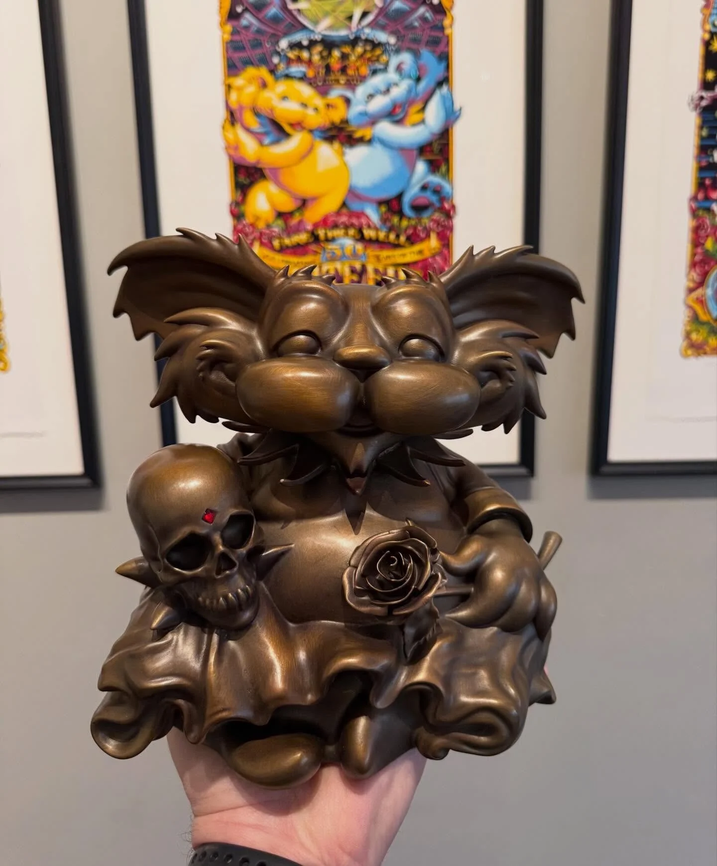 These Buddha Bear bronze statues came out spectacular! Talk about heavy metal, and the little red gem is the chefs kiss. Great work from @bottleneckgallery, thank you for another phenomenal project making this 2d drawing into a 3d reality 🔥💀🧸🌹#aj