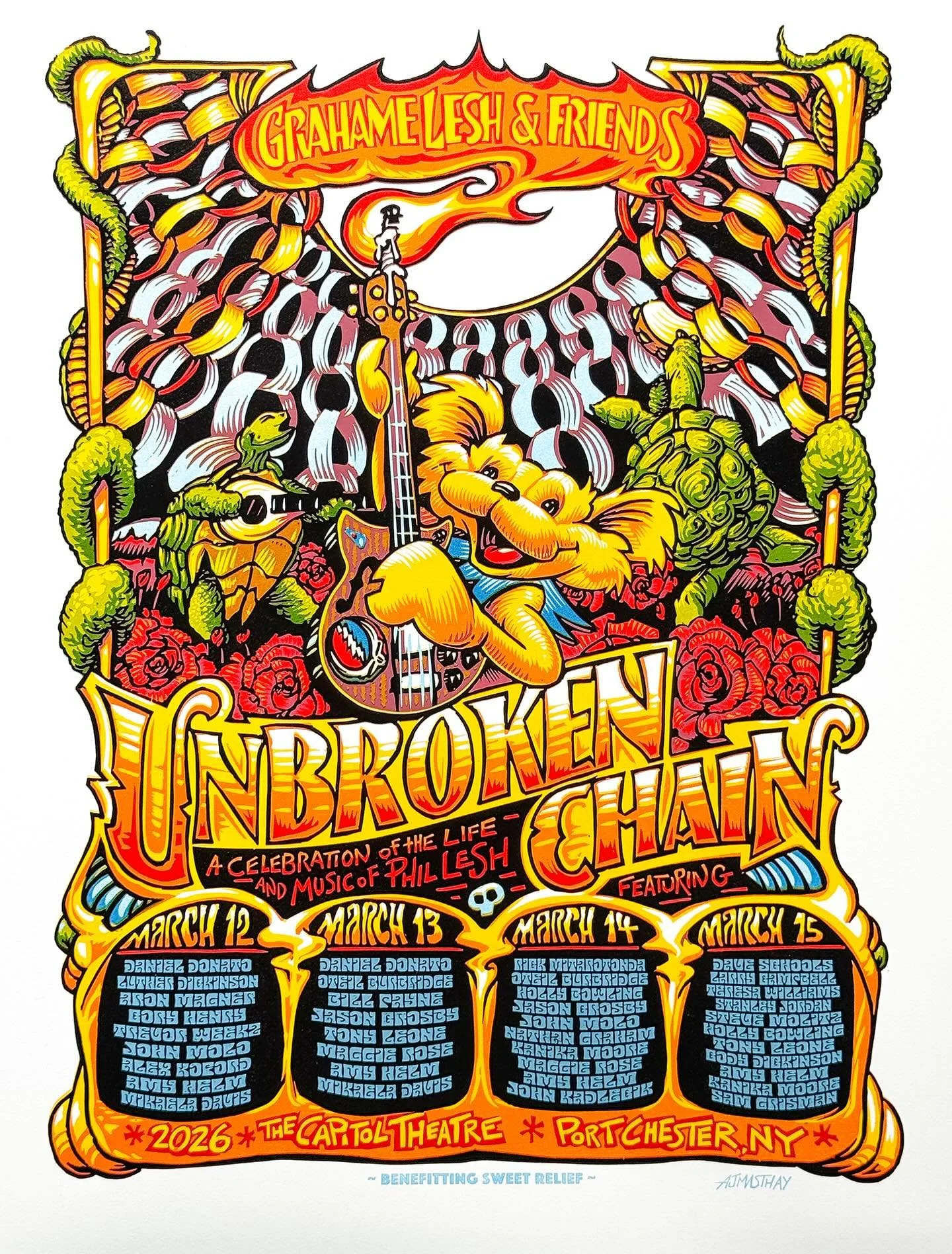 Artist edition of my &ldquo;Unbroken Chain - a Celebration of the life and music of Phil Lesh&rdquo; are dropping today, April 15th at 12 noon eastern through my friends @bottleneckgallery. #linkinbio #ajmasthay #masthaystudios #gigposter #gratefulde