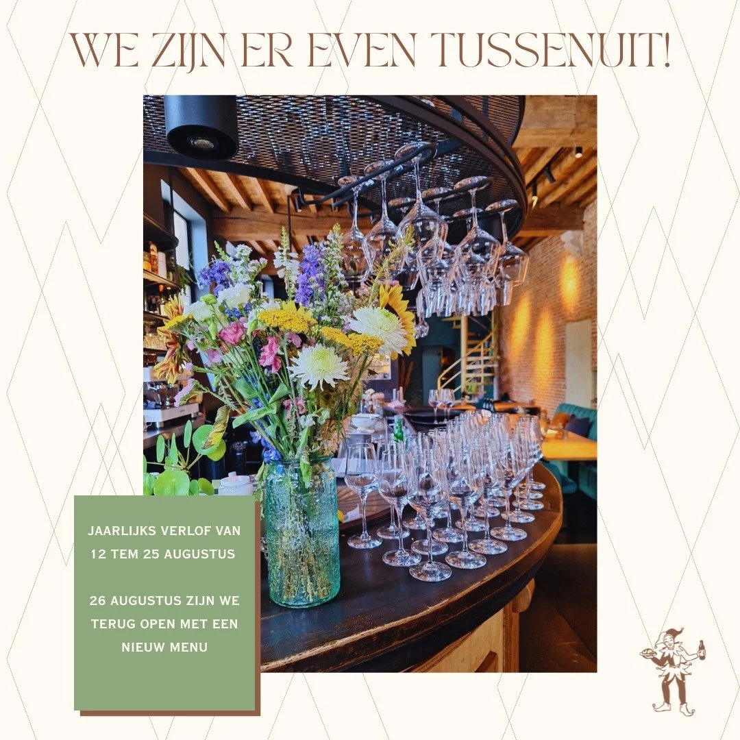 𝗪𝗶𝗷 𝗻𝗲𝗺𝗲𝗻 𝗲𝗲𝗻 𝗸𝗼𝗿𝘁𝗲 𝗽𝗮𝘂𝘇𝗲 𝗲𝗻 𝘇𝗶𝗷𝗻 𝗯𝗶𝗻𝗻𝗲𝗻𝗸𝗼𝗿𝘁 𝘄𝗲𝗲𝗿 𝗴𝗲𝗼𝗽𝗲𝗻𝗱! 

Van 12 tem 25 augustus zijn we op jaarlijks verlof.

We verwelkomen jullie graag weer vanaf 26 augustus met een nieuw menu, vol met creatieve