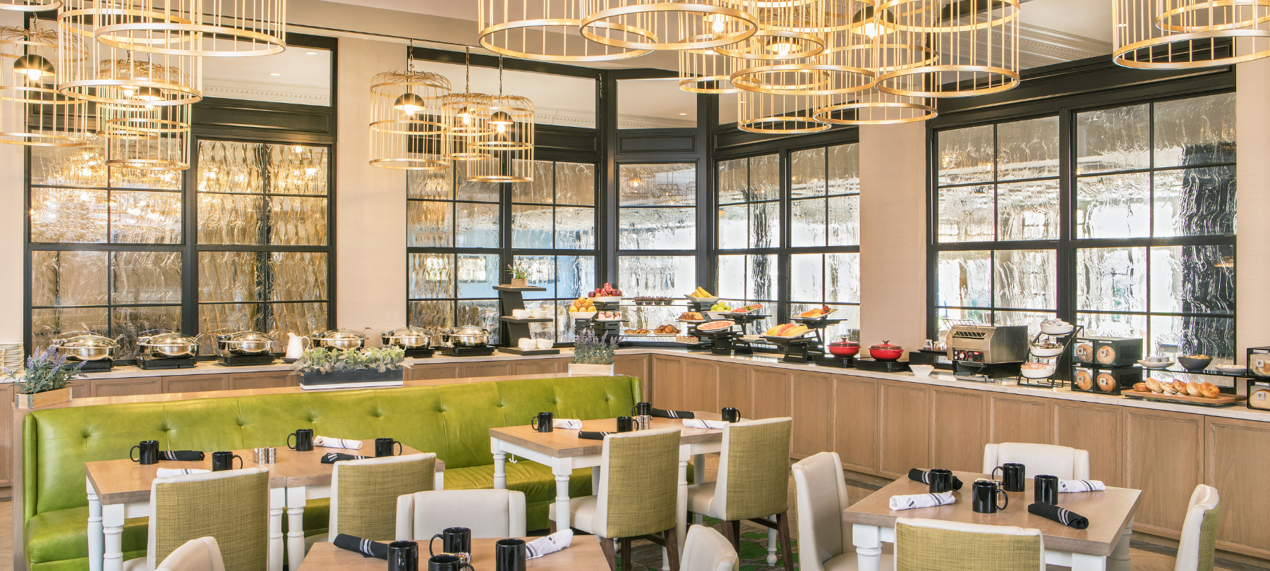 Photo is of breakfast buffet restaurant with chic interior design