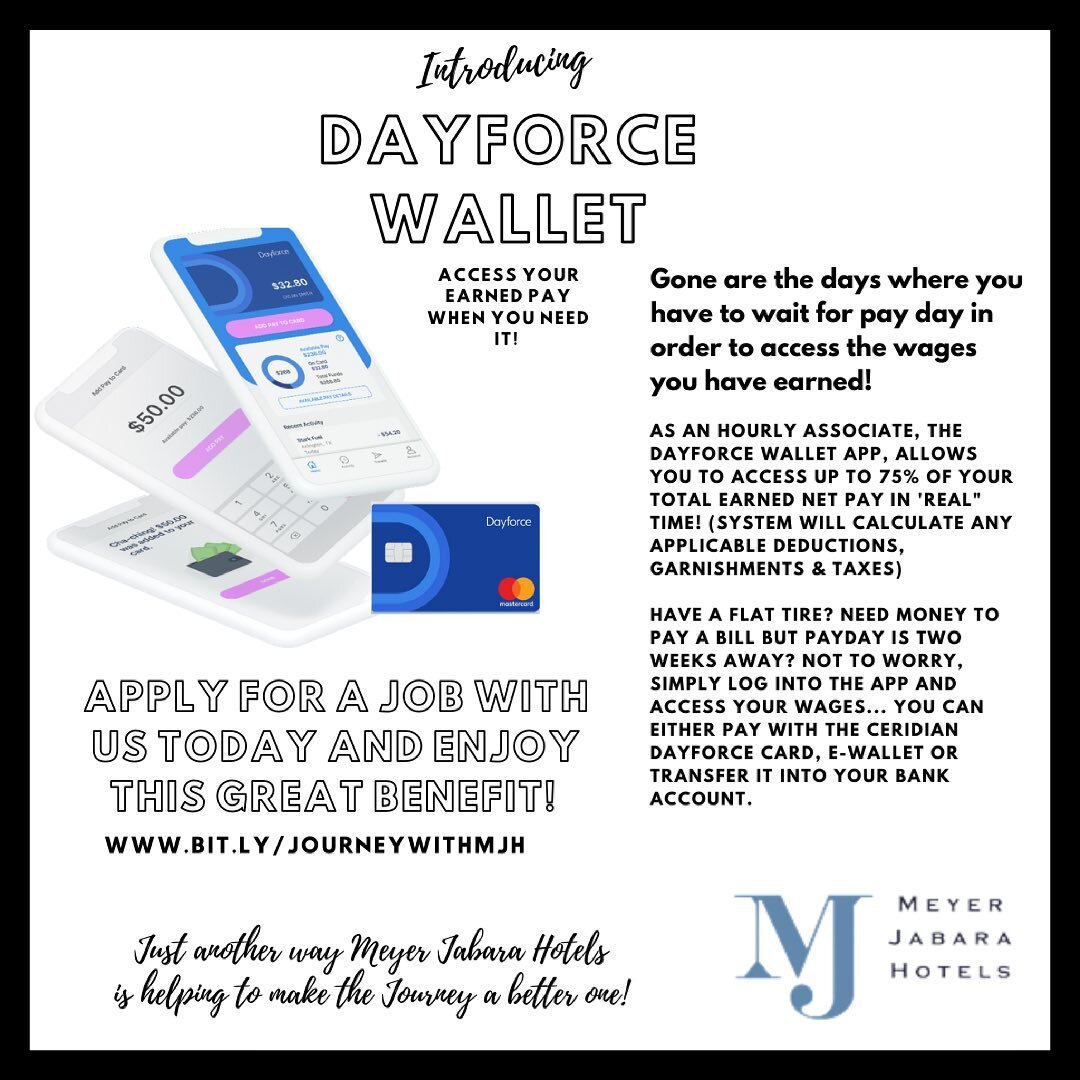 Check out our newly launched benefit!!! 

Apply for a job with us today! 

#journeywithmjh #meyerjabarahotels #hospitalityjobs #recruitment #employeebenefits #payondemand