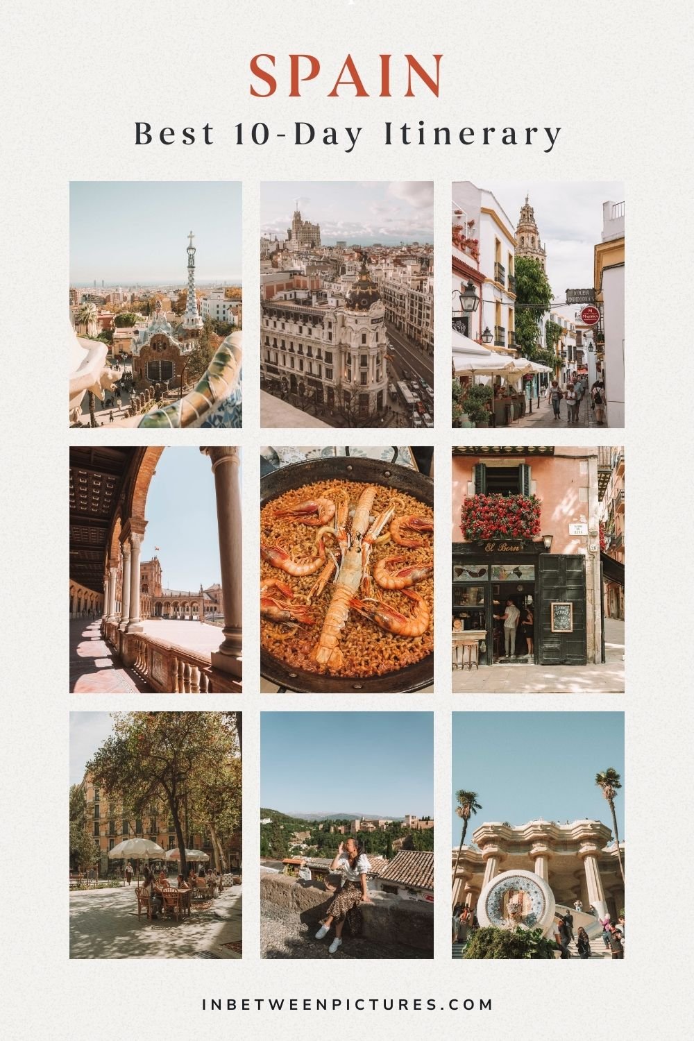 The Ultimate 10-Day Spain Itinerary covering the main cities of Madrid, Valencia, Seville, Barcelona