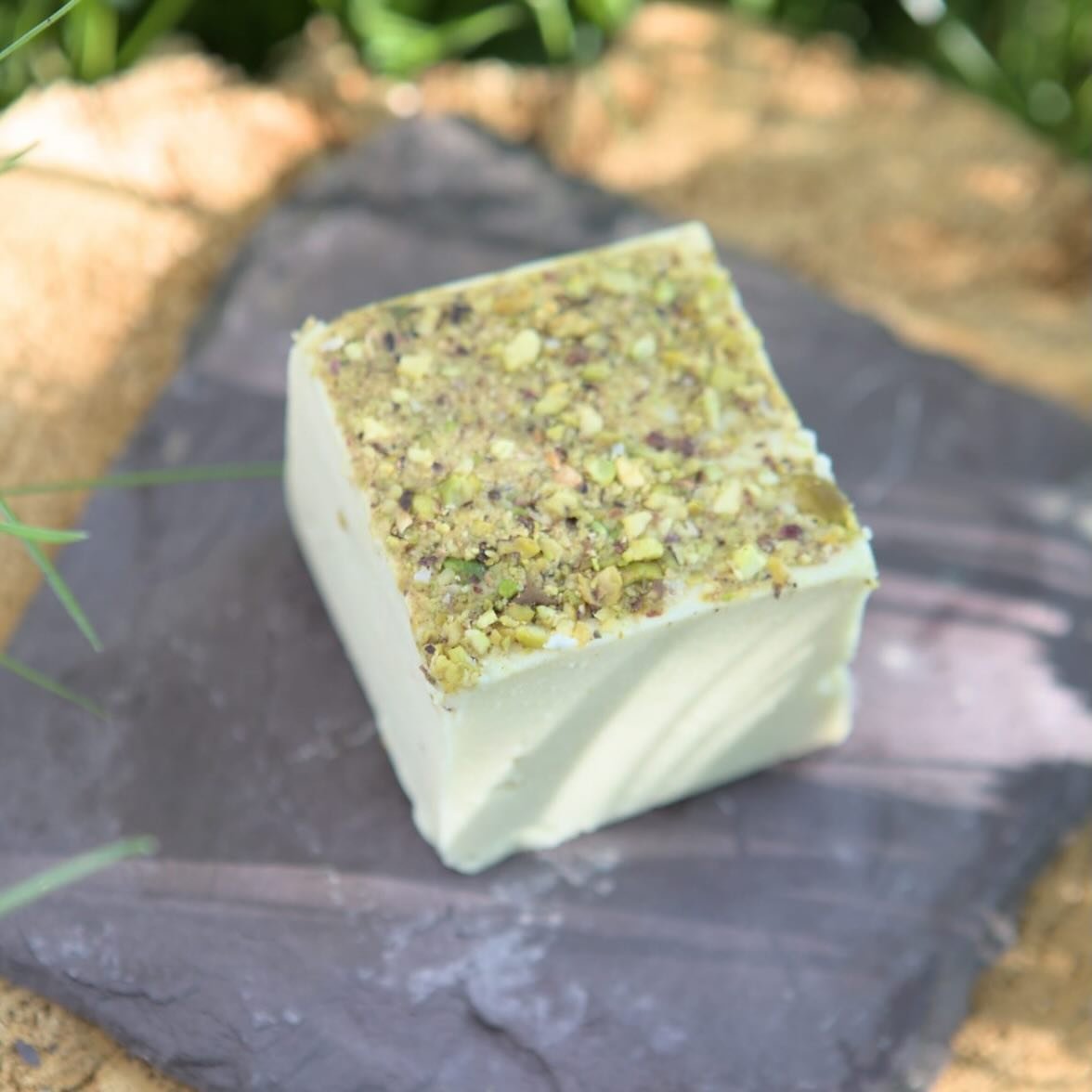 Spotlight on our Pistachio Cheddalmond.
.
Did you know this is a completely unique creation from us? Developed using our homemade creamy almond milk and covered in luxurious pistachios, this cheese is semi-firm and tastes of mild Cheddar.
.
We&rsquo;