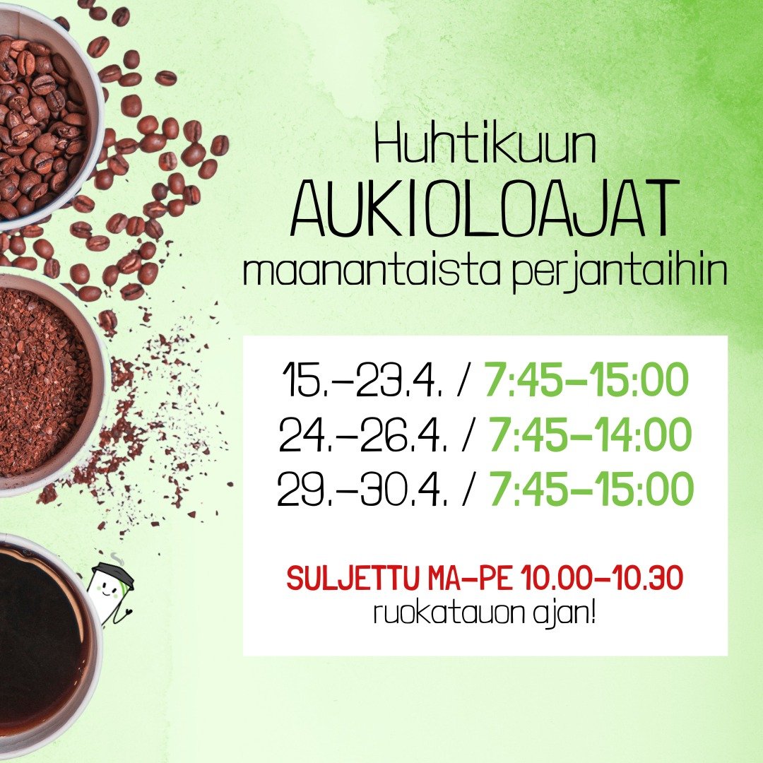 Tsumpin AUKIOLOAJAT vappuun asti on p&auml;ivitetty! 💚

Huhtikuun loppuun Tsumppi palvelee seuraavasti (ma-pe):

15.-23.4. / 7:45-15:00
24.-26.4. / 7:45-14:00
29.-30.4. / 7:45-15:00

SULJETTU MA-PE 10.00-10.30 ruokatauon ajan!

#cafetsumppi #meid&au