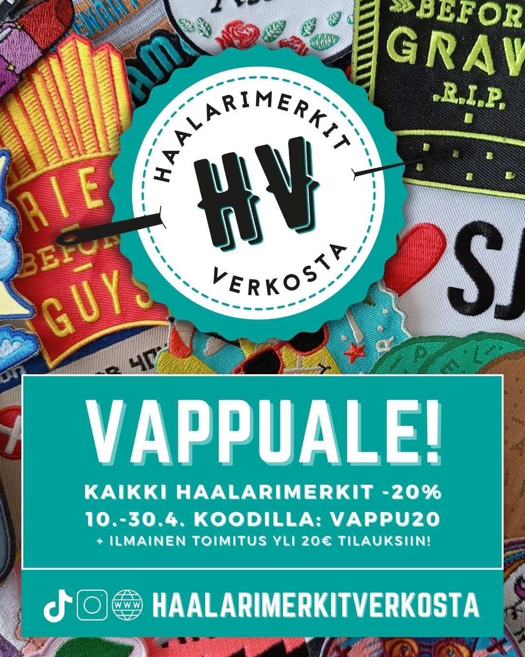 HAALARIKANSA HOX HOX! 🤩  Kaikki haalarimerkit -20% koodilla VAPPU20 huhtikuun loppuun saakka! K&auml;y tsekkaamassa huikea haalarimerkkivalikoima!

Yli 20&euro; tilauksiin ilmaiset postitukset.🥳