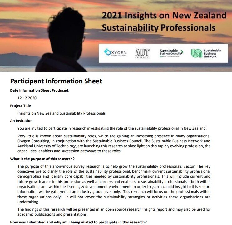 Participant Information: 2021 Insights on New Zealand Sustainability Professionals
