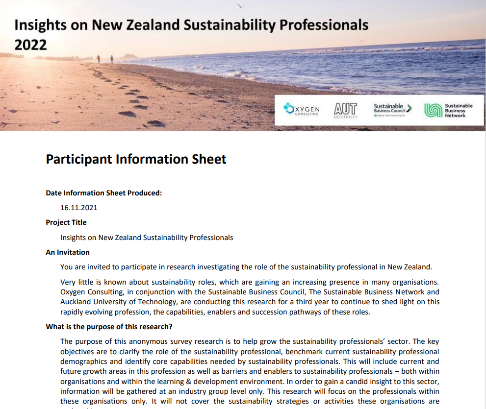 Participant Information: 2022 Insights on New Zealand Sustainability Professionals