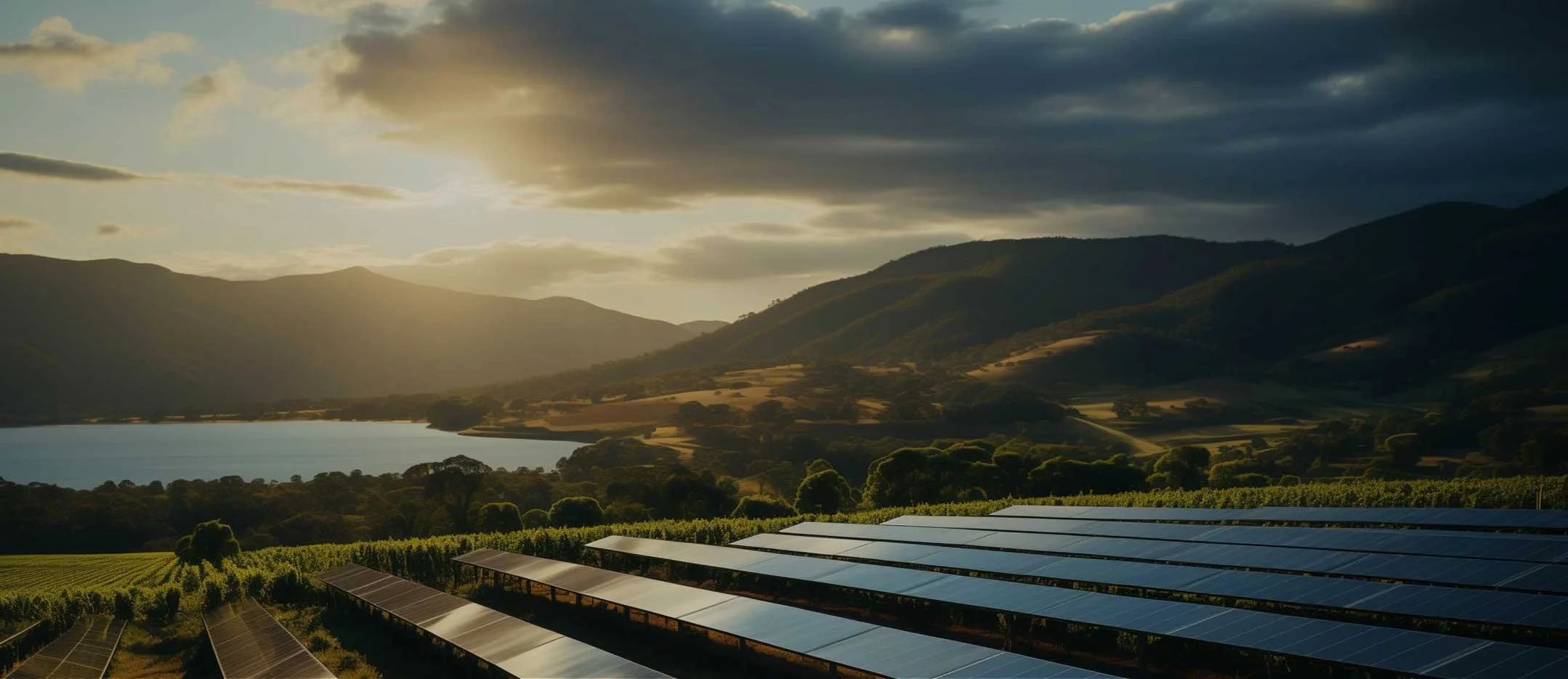 NZ landscape with farmland, a lake and solar panels
