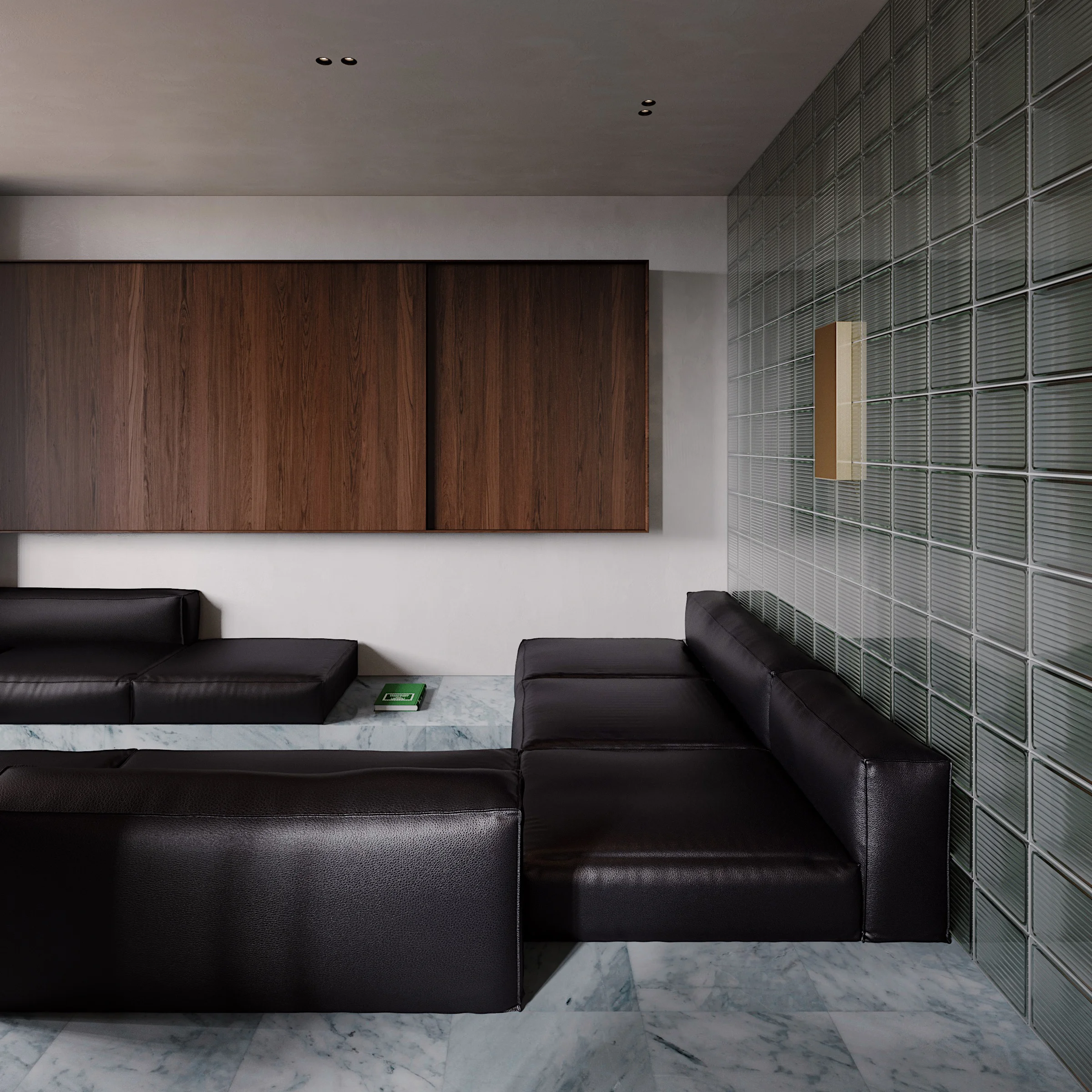 MRBL project Artem Trigubchak leather sofa gass blocks wall marble wood shelf plaster walls