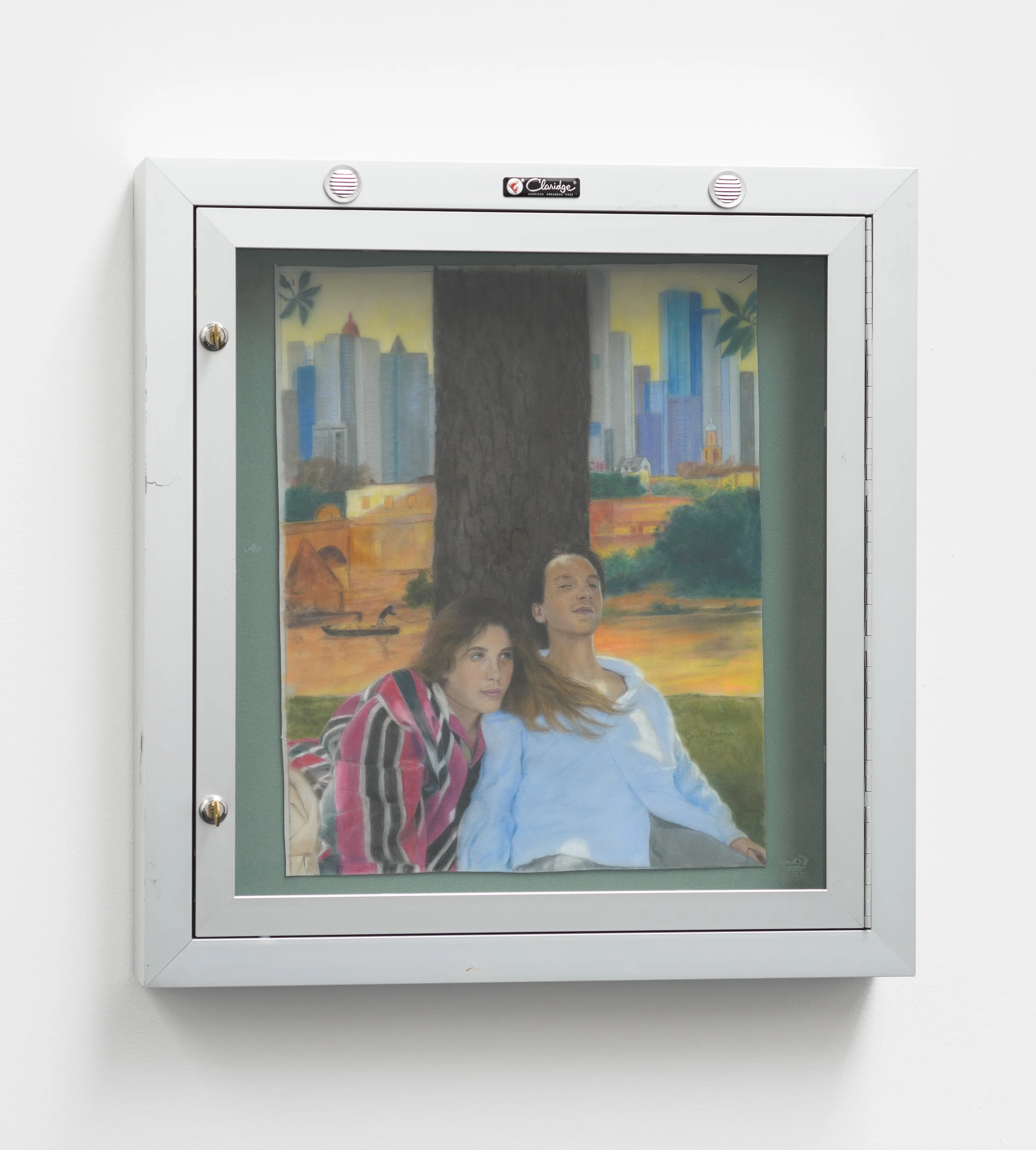 Victoria Colmegna, Double blade semester, will Gustave Courbet learn his last lesson? Deep cuts may hurt but a girl's wound is sharper than a sword., commissioned oil pastel on velvet by James Mathewuse, aluminum, tempered glass, lock, keys, 26 × 25.2 × 4.3 inches (66 × 64 × 10.9 cm)
