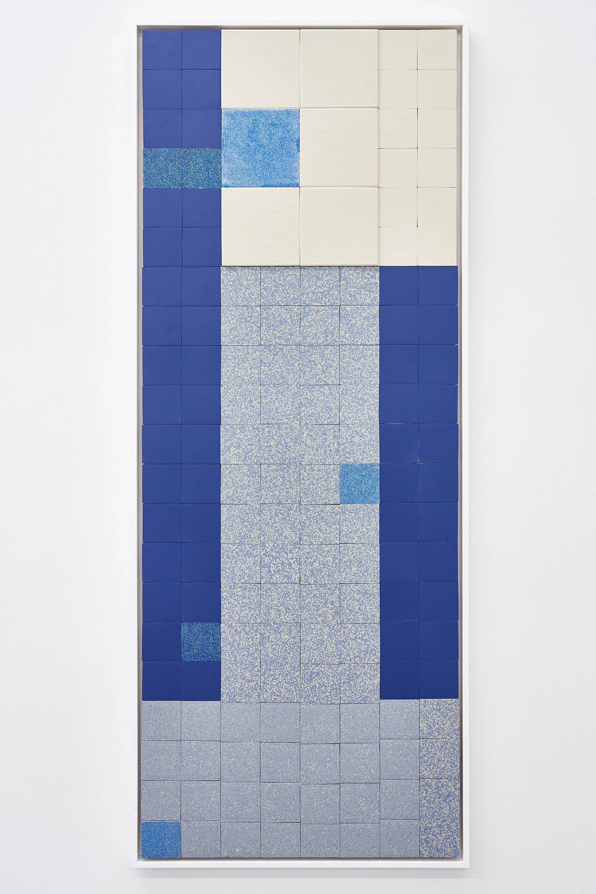 Victoria Colmegna, Estado Real I , 2018, oil lacquer and glitter on ceramic tile mounted on board in artist frame, 40 ⅛ × 21 ⅝ × 1 ⅛ inches (102 × 55 × 3 cm)