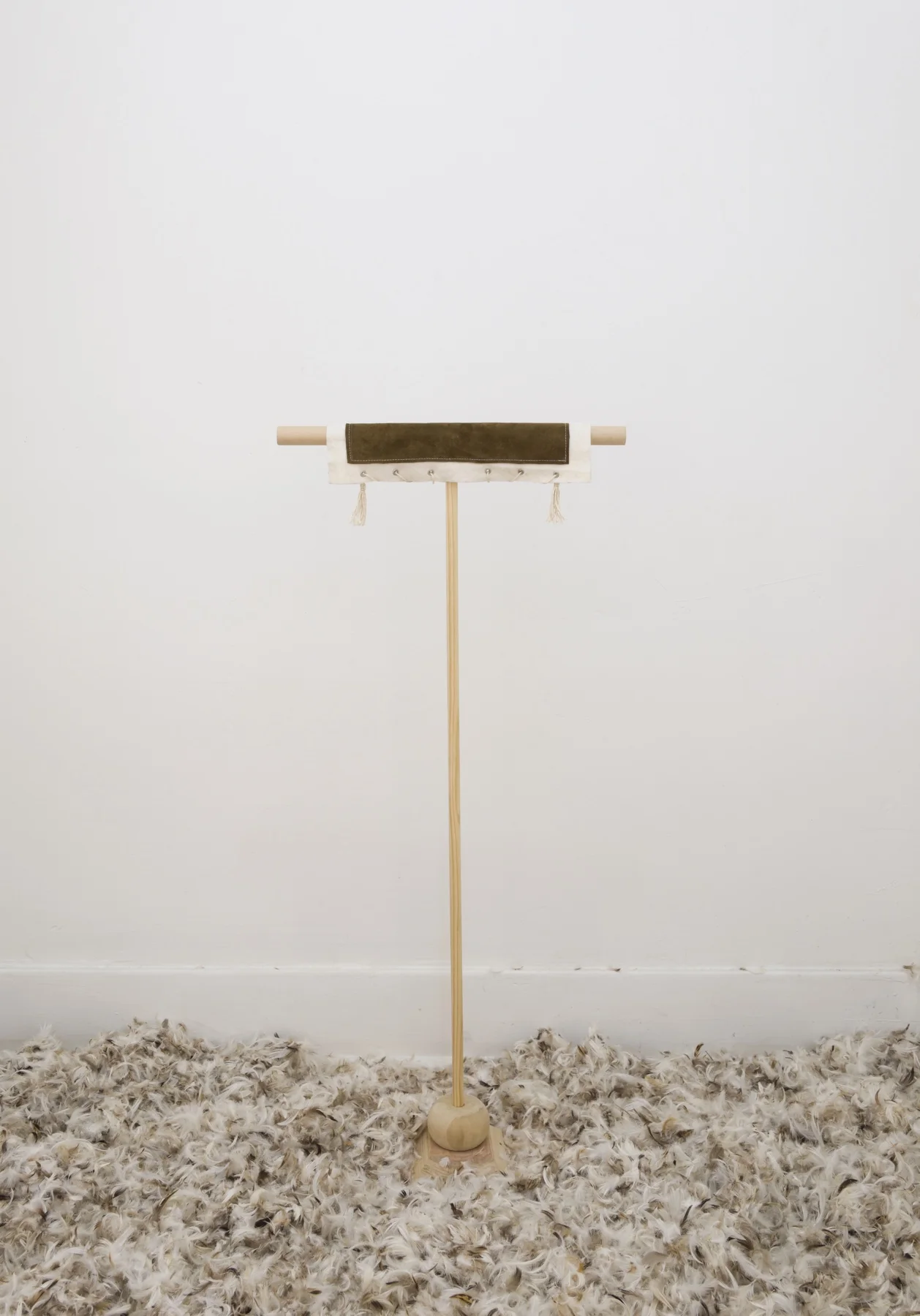 Aidan Koch, Perch , 2017, wood, leather string, hardware, 5 ¾ × 17 ¾ × 41 ¼ inches (14.6 × 45.1 × 104.8 cm)