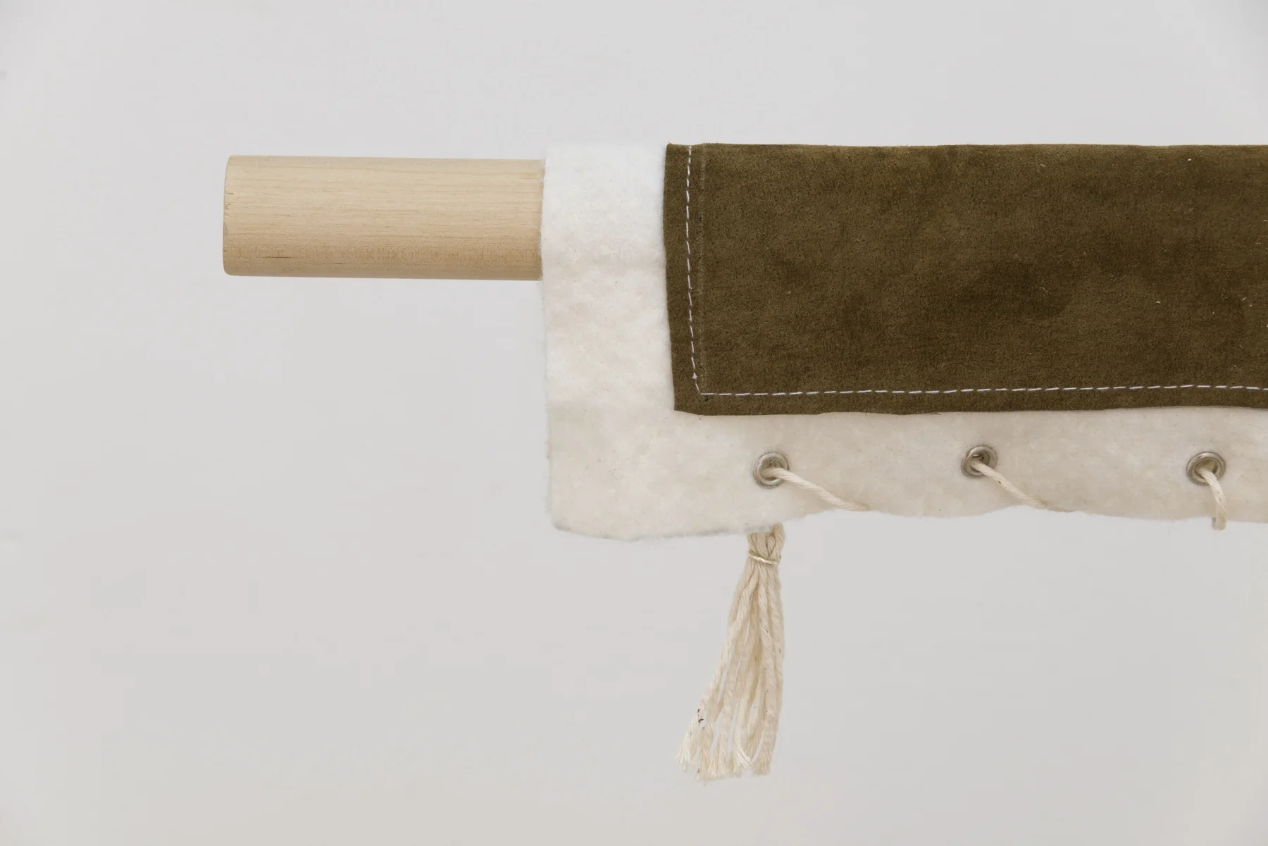 Aidan Koch, Perch , 2017, detail view, wood, leather string, hardware, 5 ¾ × 17 ¾ × 41 ¼ inches (14.6 × 45.1 × 104.8 cm)