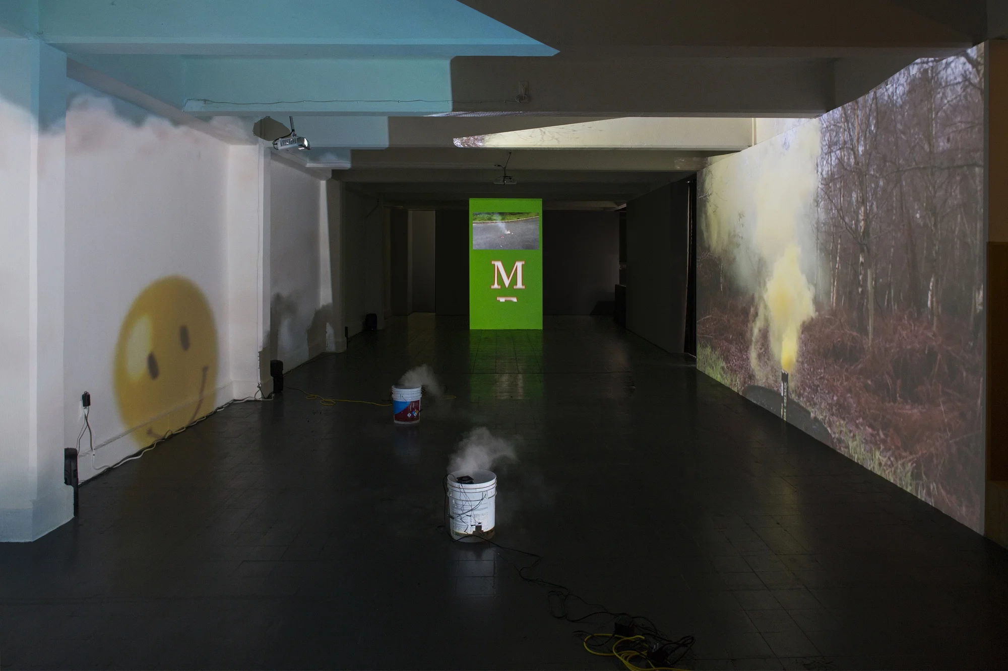 Dylan Mira, Duty Free , installation view 3 channel HD video, animation, color, sound, ultrasonic misters, plastic buckets, herbal infusion made with Sun Song of Poppy, Plantain, Gingko, Mugwort, Siniuichi 30:00, looped ”Condo Mexico City,” Park View/ Paul Soto hosted by Karen Huber Gallery, 2018