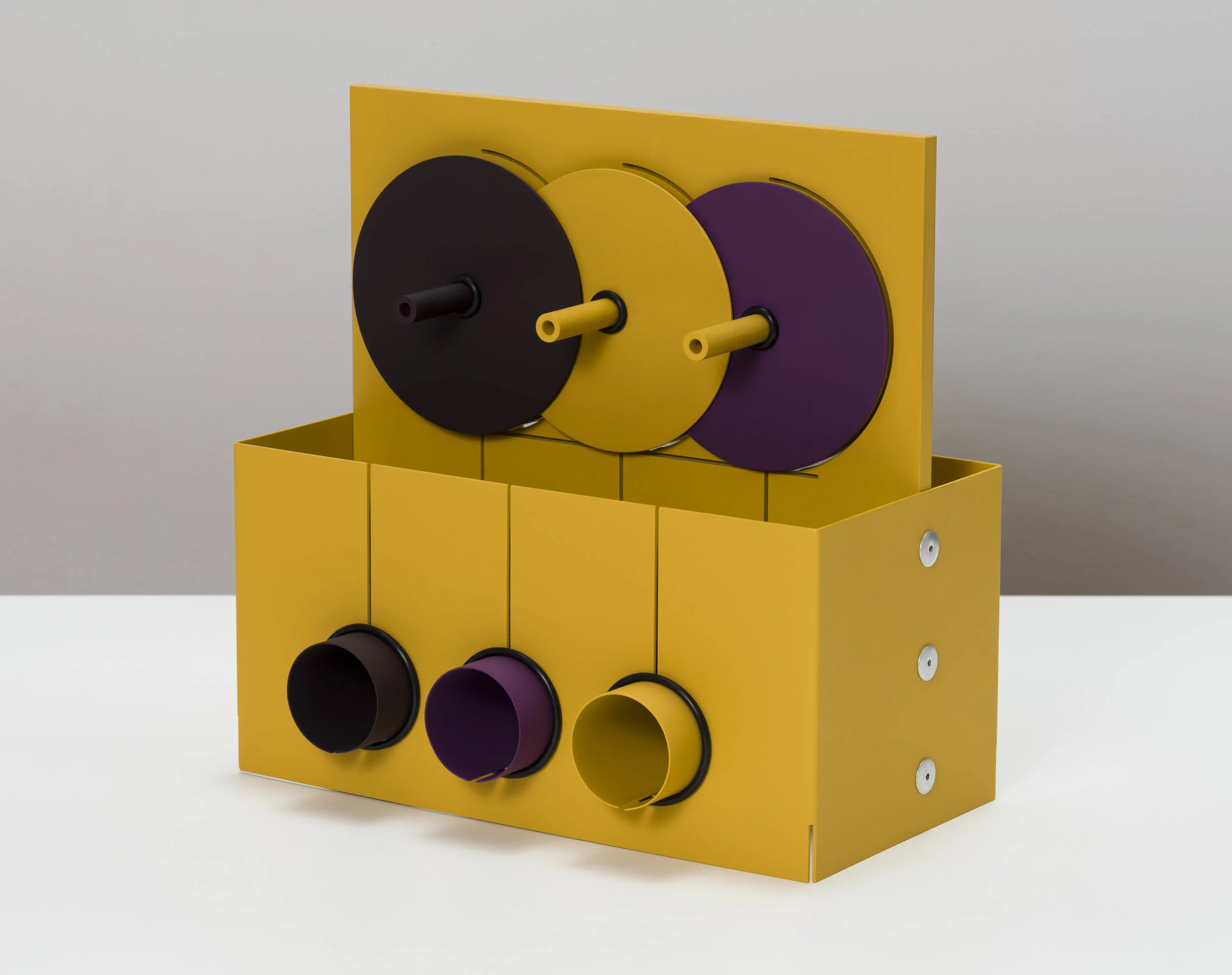 Matt Paweski, Grape Pulley , 2019, aluminum, aluminum rivets, rubber o-rings, vinyl paint, 12 × 12 × 6 inches (30.5 × 30.5 × 15.2 cm)