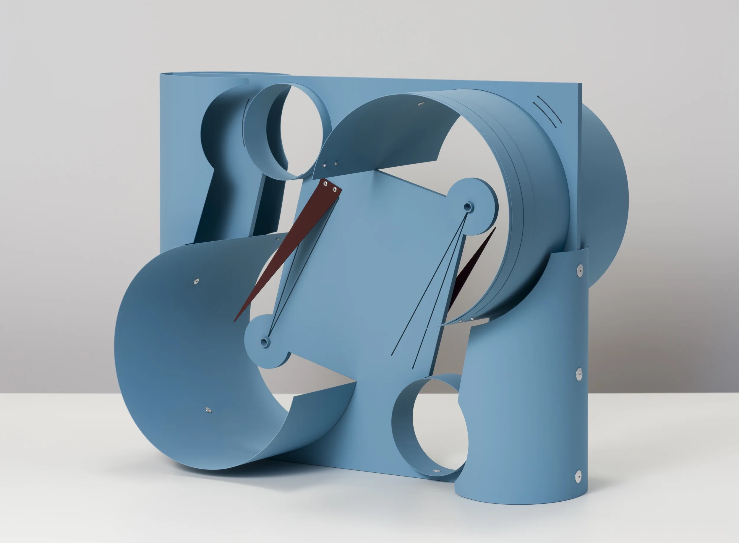 Matt Paweski, untitled (Machines - pale blue, maroon), 2018, aluminum, aluminum rivets, vinyl paint, 20 x 24 x 12 inches (50.8 x 60.9 x 30.5 cm)