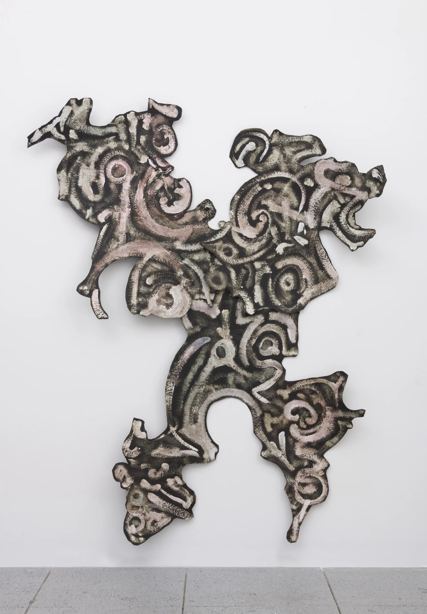 J. Parker Valentine, What I Saw From the Boat, 2018, milk paint, ink, watercolor, wax crayon, tar paper, metal rivets, 74 × 64 inches (187.9 × 162.6 cm)