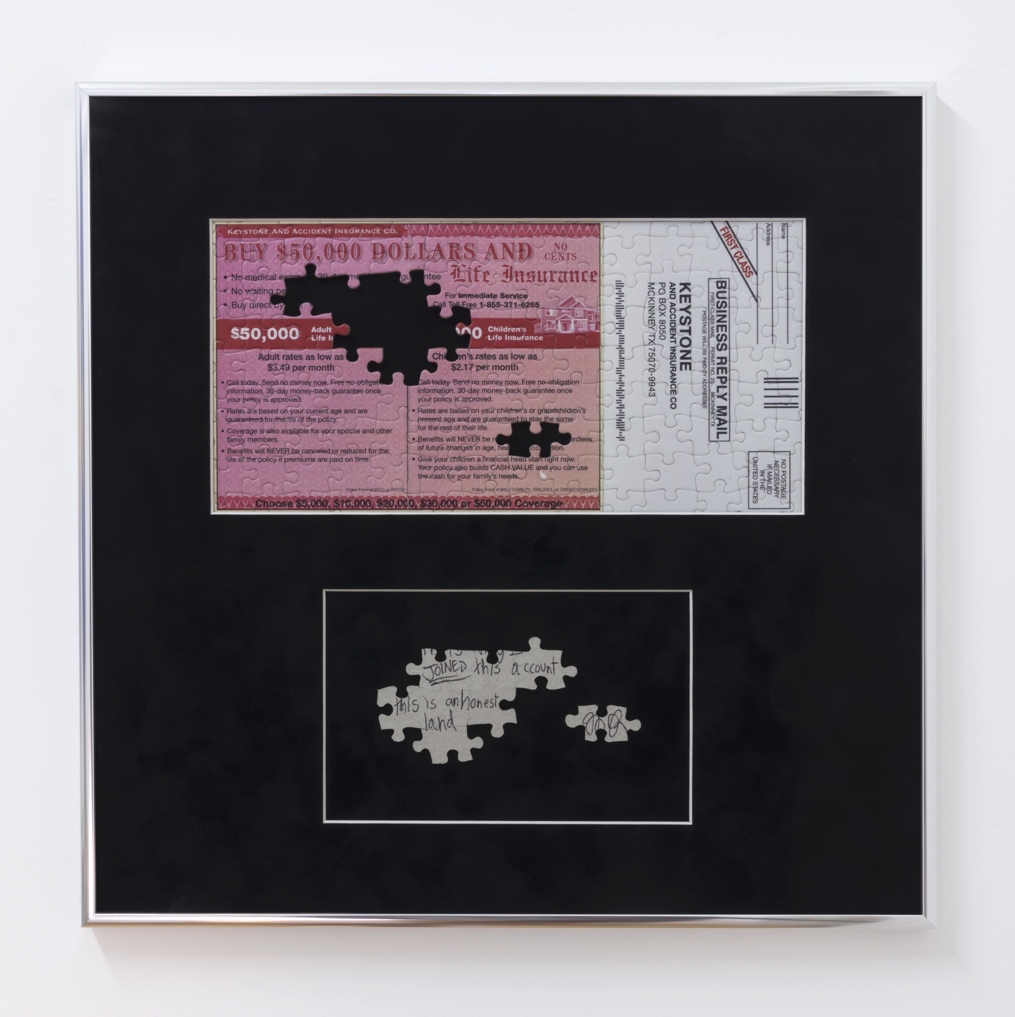 Mark A. Rodriguez, Honest land , 2016, permanent ink and inkjet print on cardboard, flocked matte and aluminum frame, 16 ½ x 16 1/8 inches (41.9 × 41 cm)