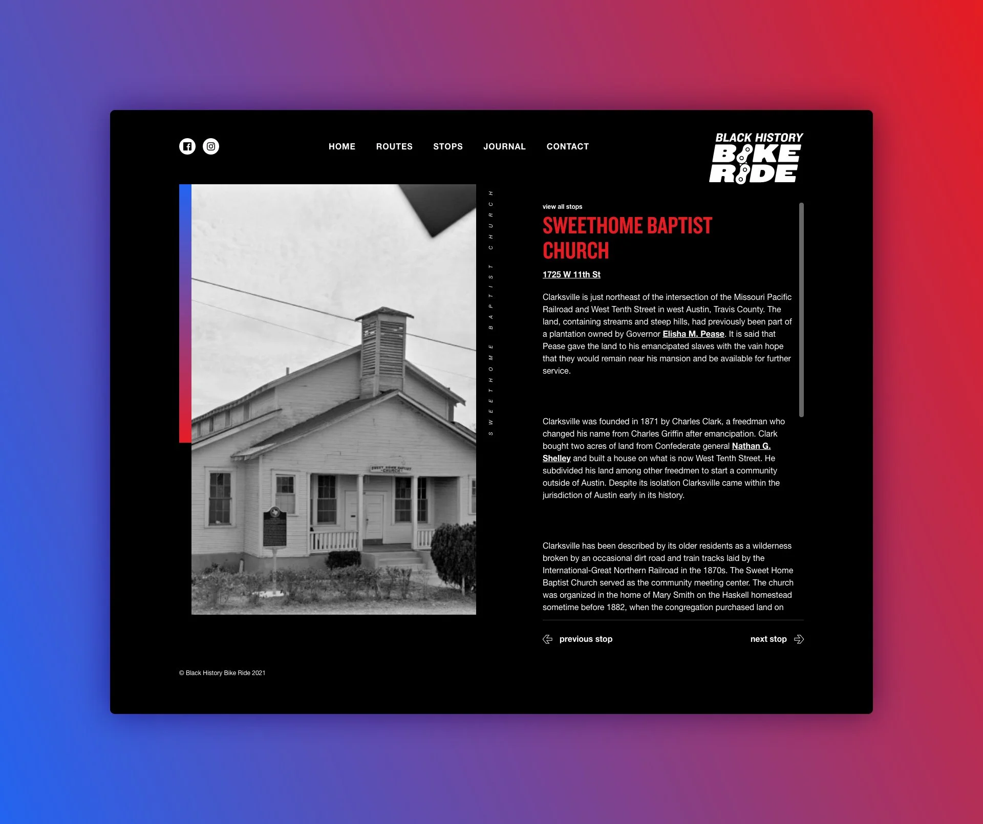  Stop 3: Sweethome Baptist Church. Research was extremely critical when building out detailed pages for each stop.  