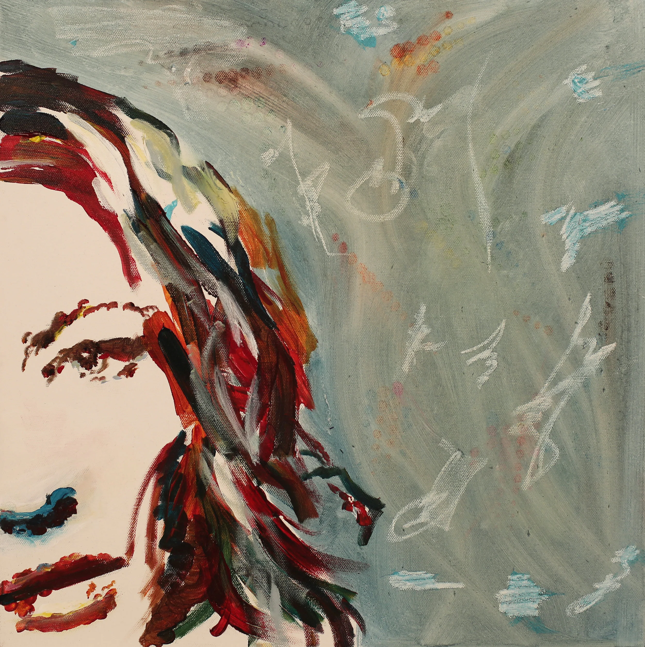 Odd look. Oil, acrylic, wax crayon on canvas. 18 x 18 x 1 ½ in. Executed in 2018.