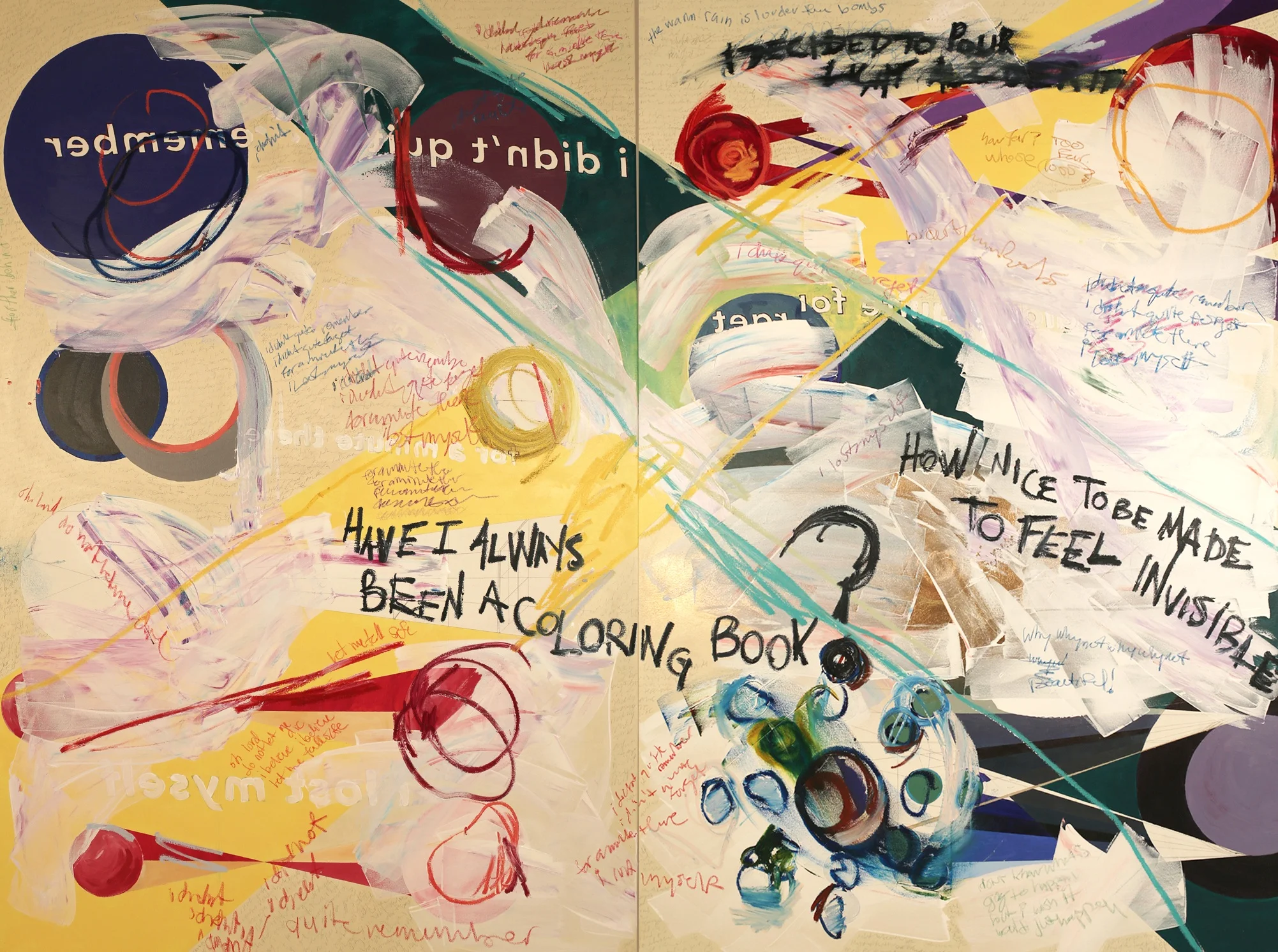 Rememberforget. Acrylic, oil, wax crayon, spray paint, pencil on canvas. 72 x 96 x 1 ½ in. Executed in 2019.