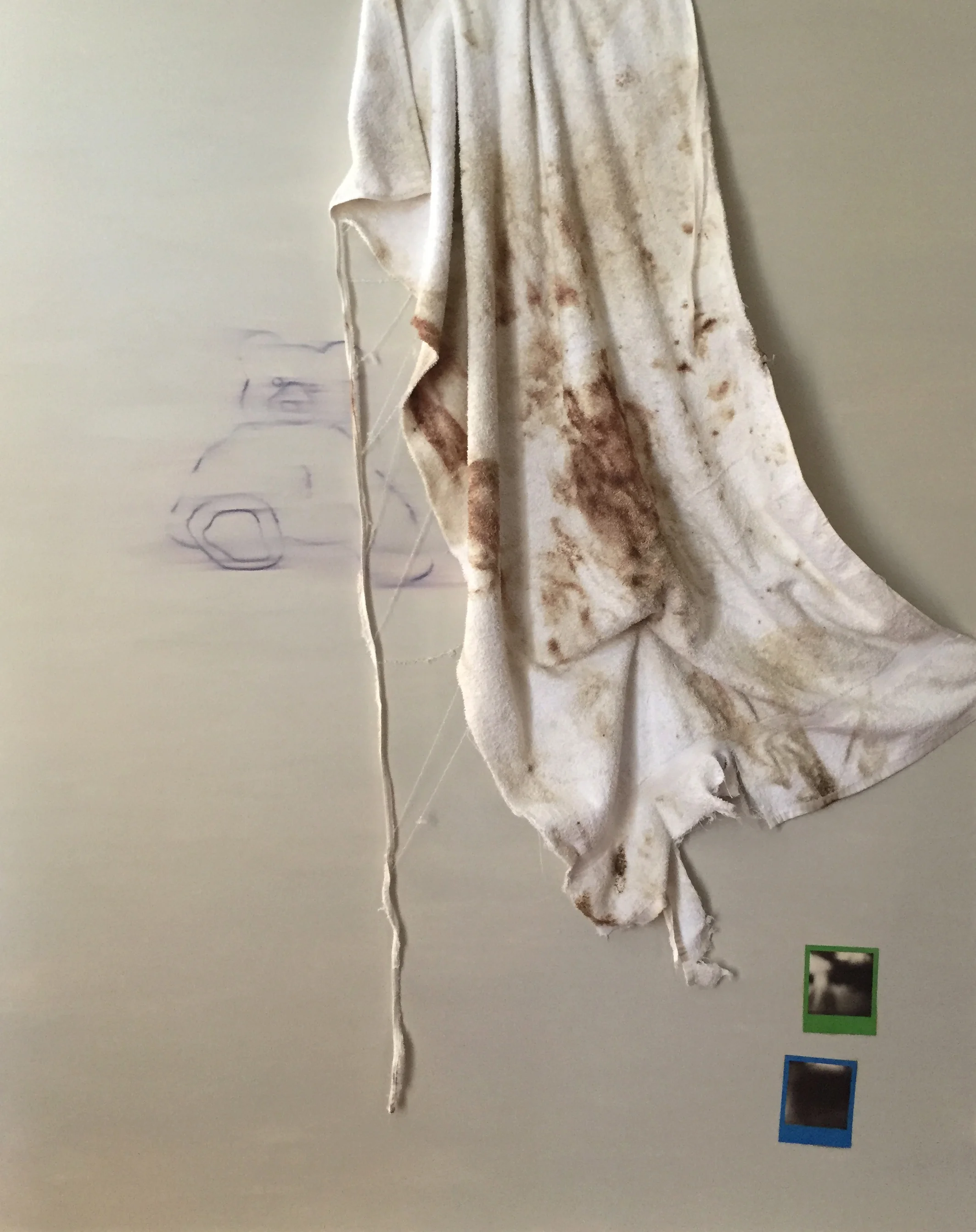 Stuffed animals carry all the world’s sadness. Acrylic, pen, polaroid, towel on canvas. 60 x 48 x 1 ½ in. Executed in 2019.