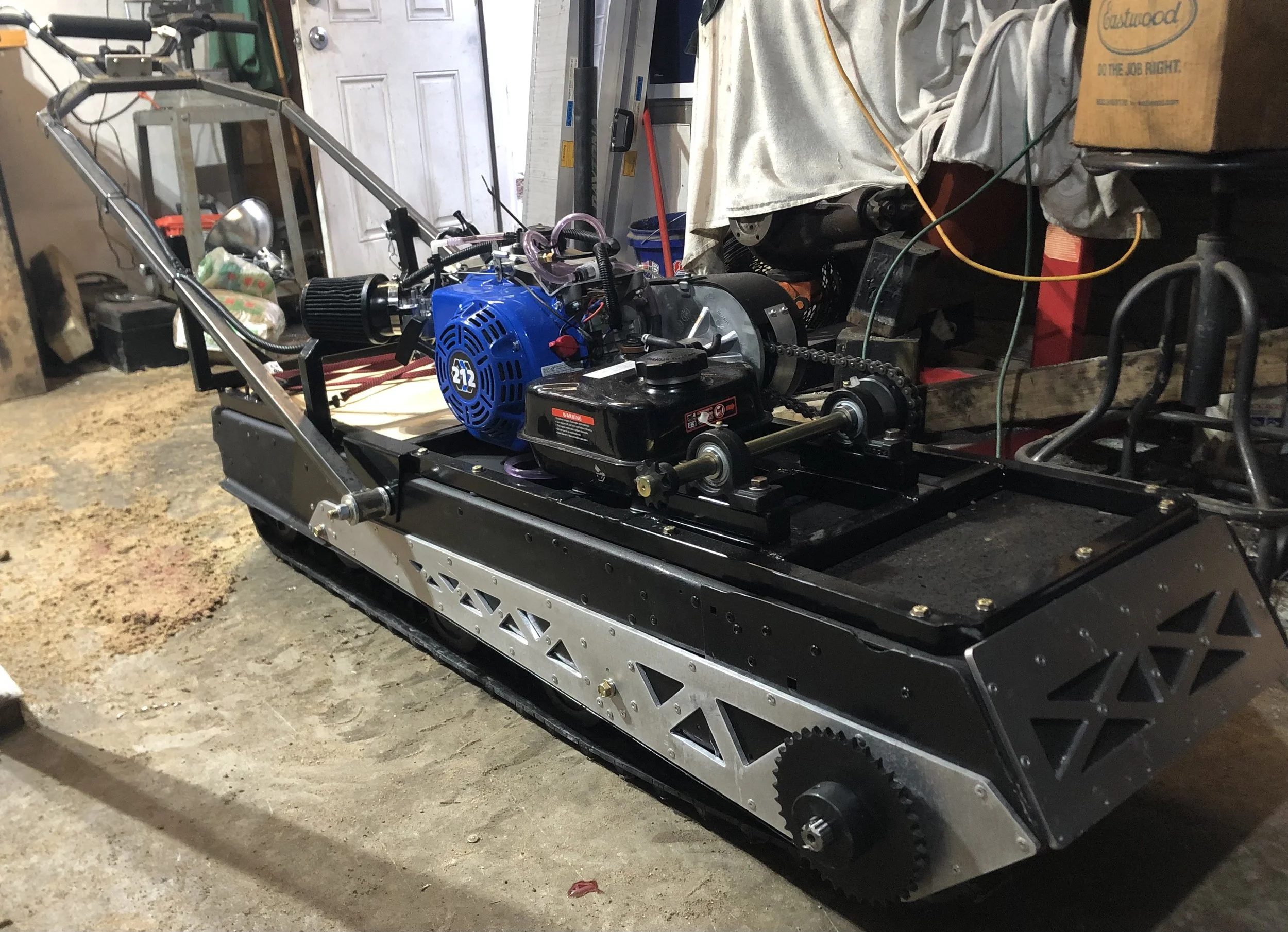 OLD SNOWMOBILE TUNNEL AND TRACK WITH CAD BUILT FRAME AND GO CART ENGINE