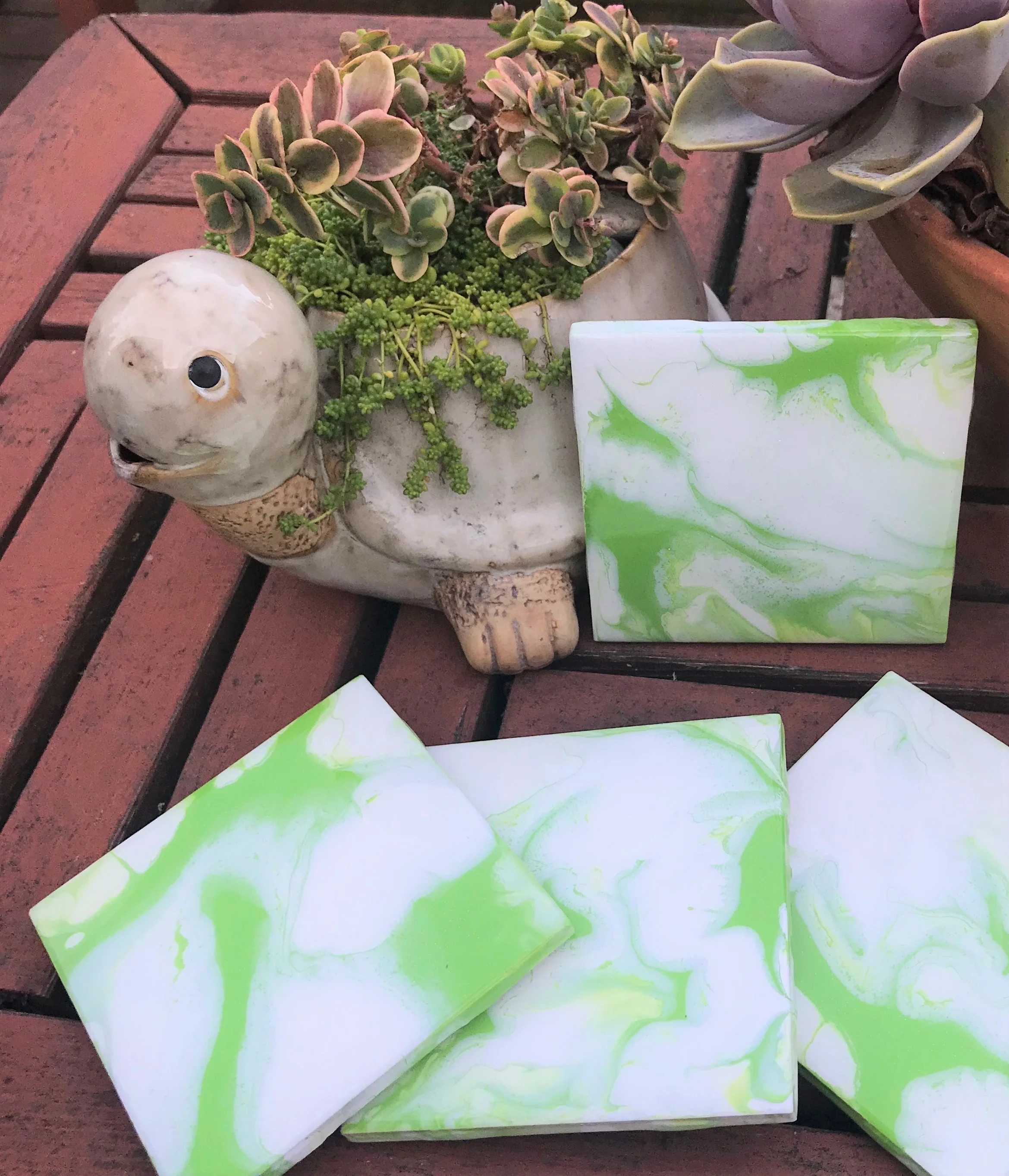 Coaster Set - Green and white with sparkles