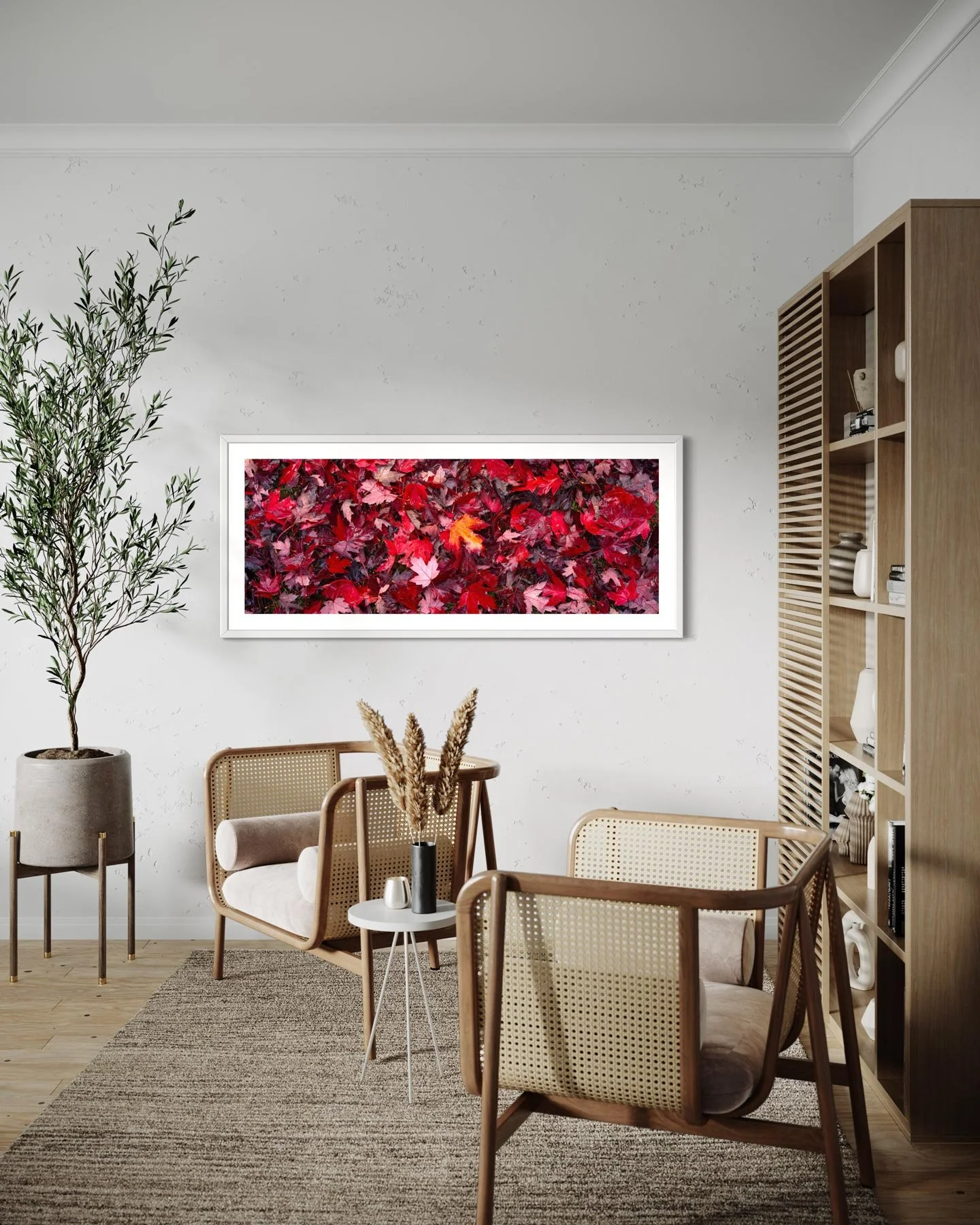 Custom panoramic fine art photography print displayed above timber lounge chairs