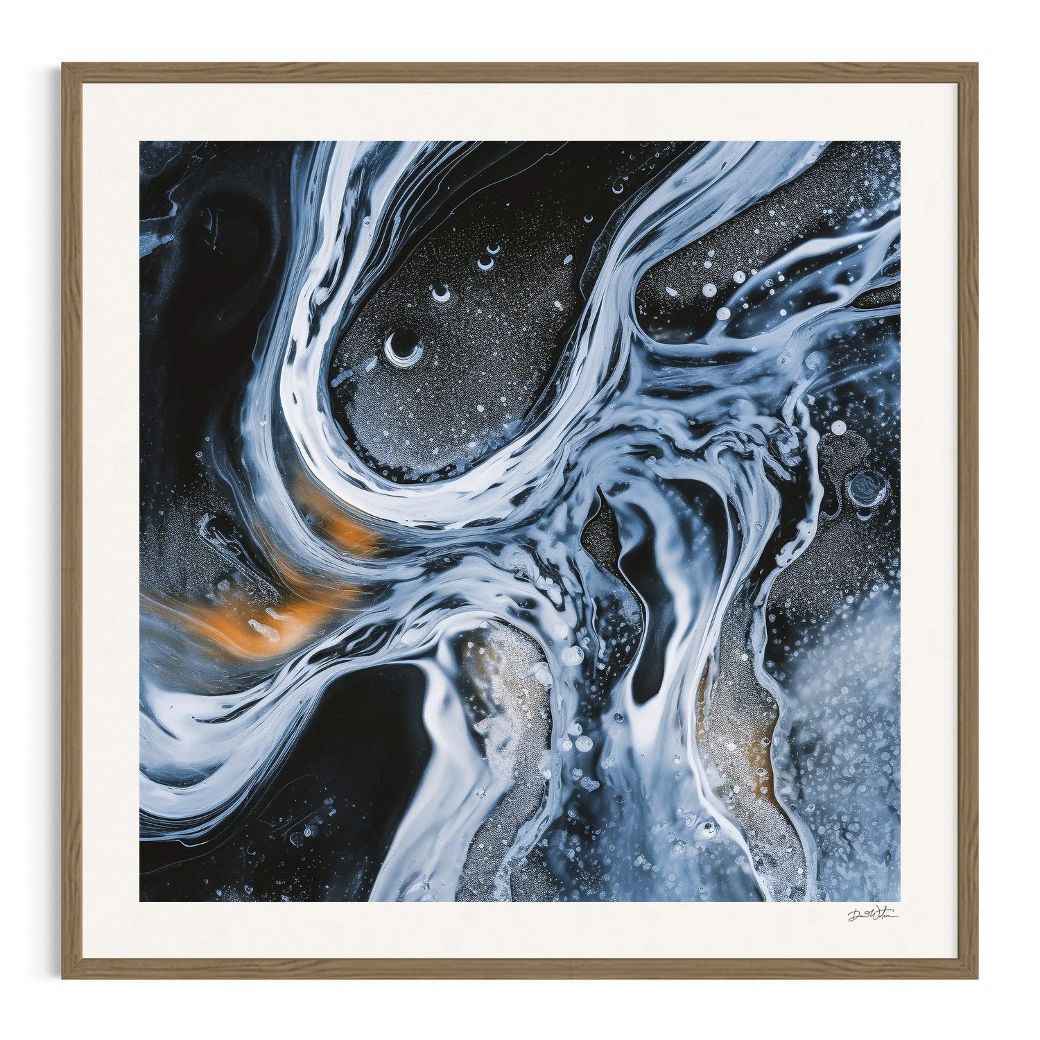 Abstract fluid swirls in black, white in oak frame