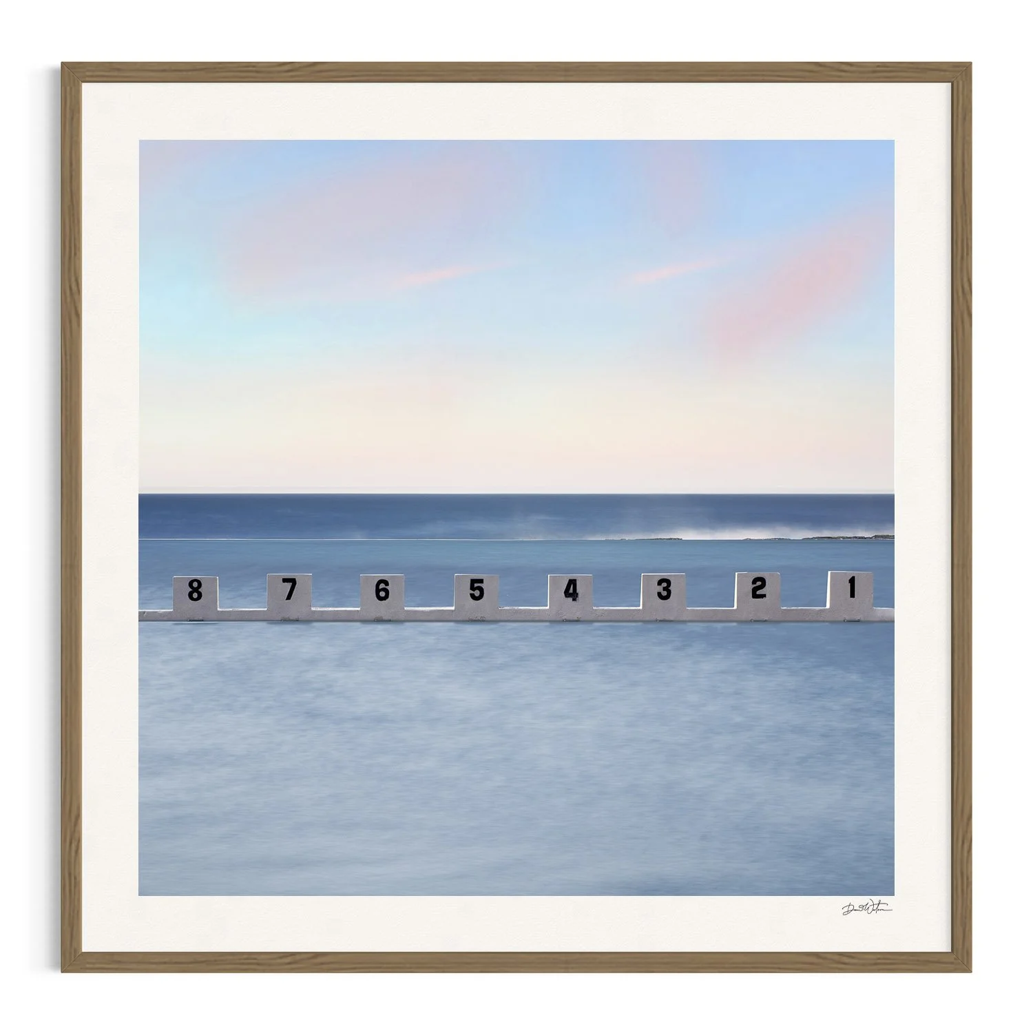 Ocean pool blocks at dawn with pastel hues in oak frame