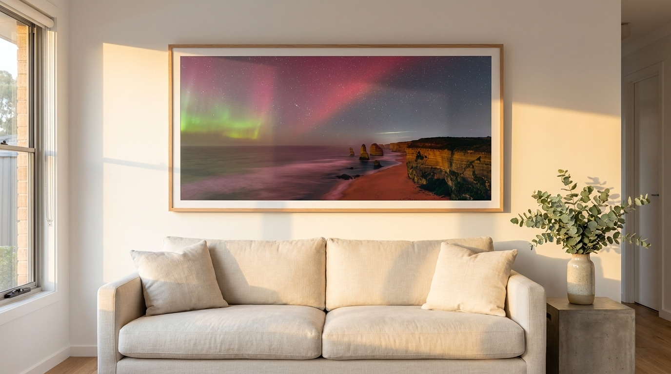 Large framed Dani Watson landscape photograph displayed above a neutral sofa