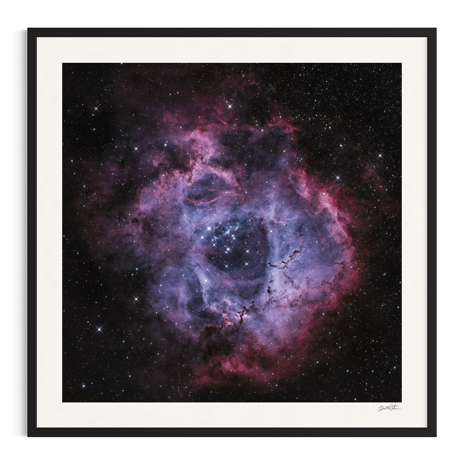 Rosette Nebula, deep space photography in black frame