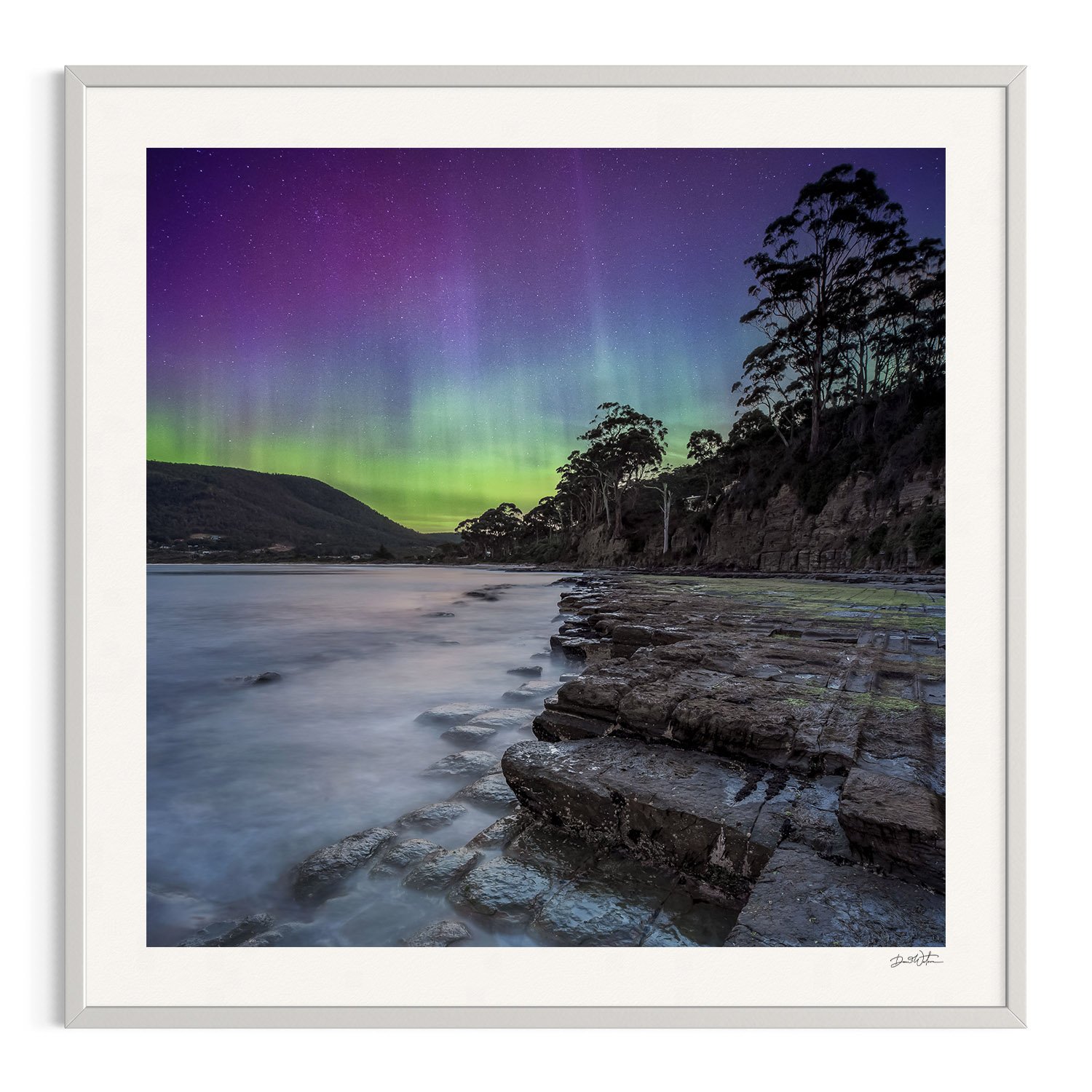 Aurora Australis over Tesselated Pavement in Tasmania in white frame
