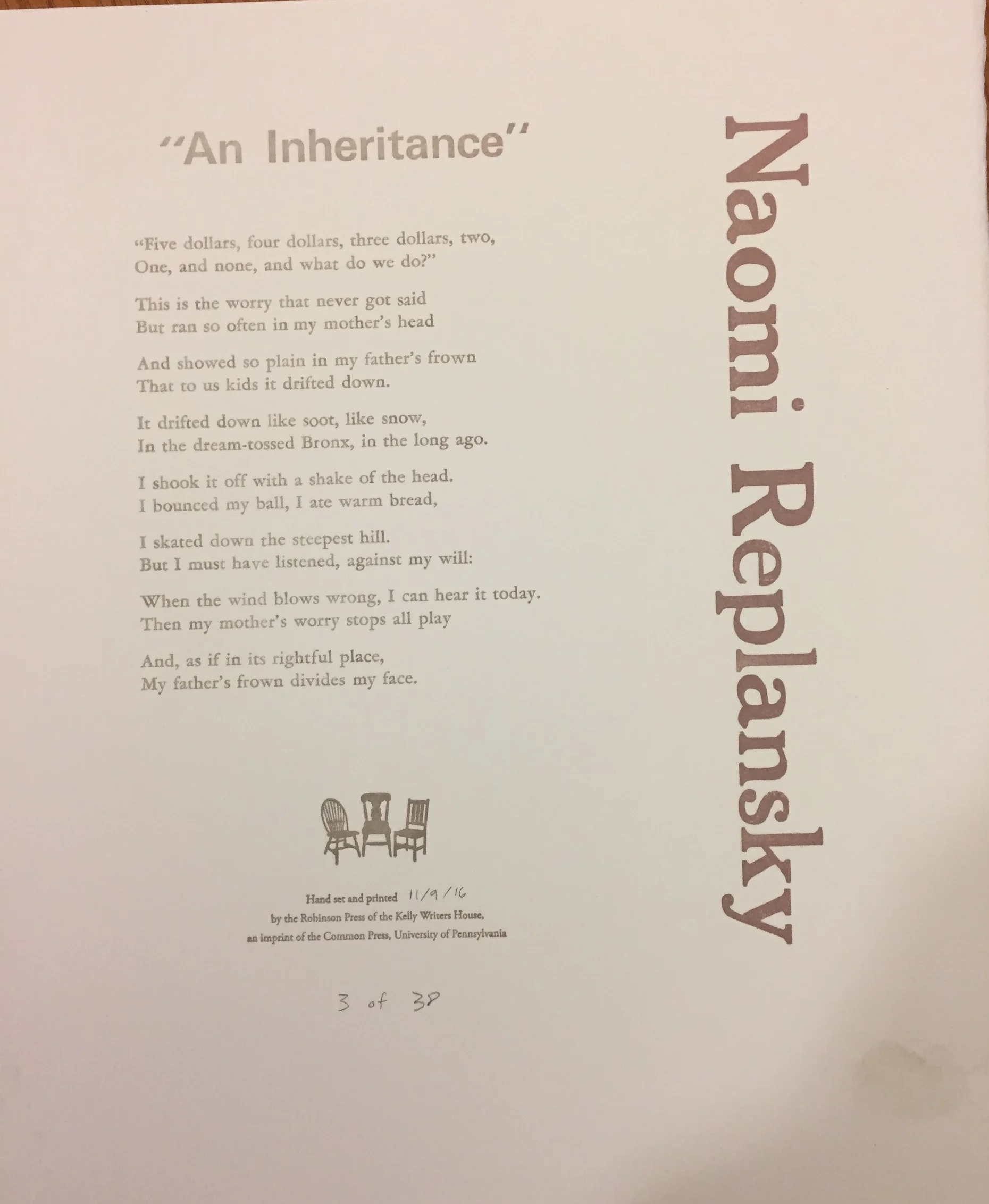 naomi replansky broadside w/ kelly writers house