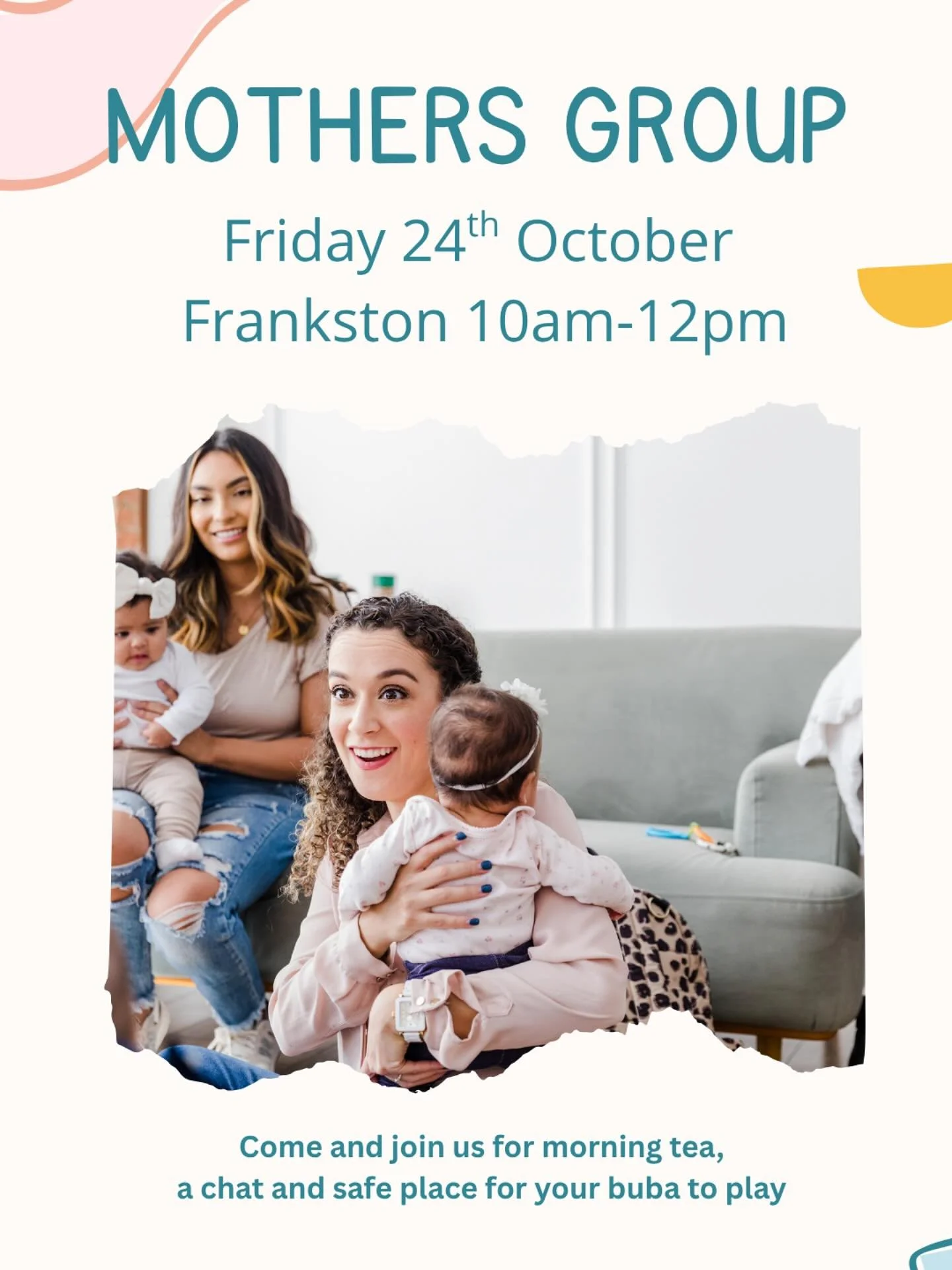 Hey Beautiful Mummas,
If you have a little one under 3 and are free on Fridays, we would love for you to join us π
Every second FRIDAY 
10am-12pm 
Parents room 
Frankston
Come and have a chat, some morning tea and enjoy a safe place for your Buba
